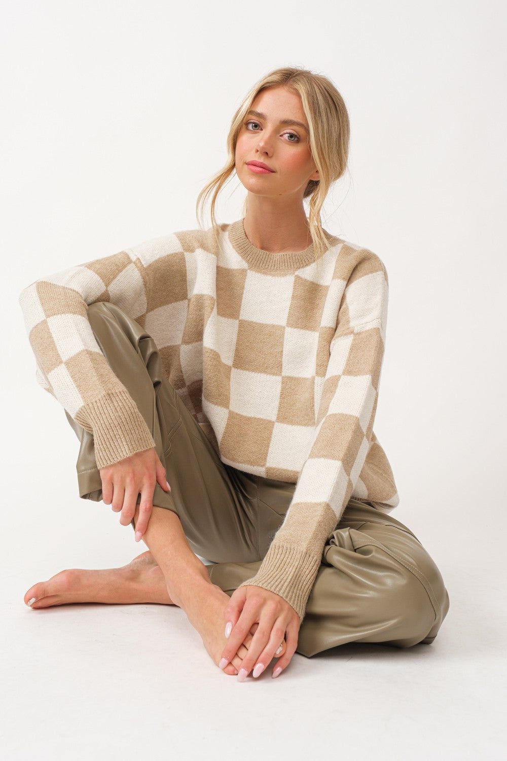 Taupe Checkered Print Sweater sold by Pinkblush product image thumbnail 5