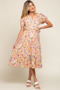 Lavender Floral Puff Sleeve Tiered Maternity Midi Dress sold by Pinkblush