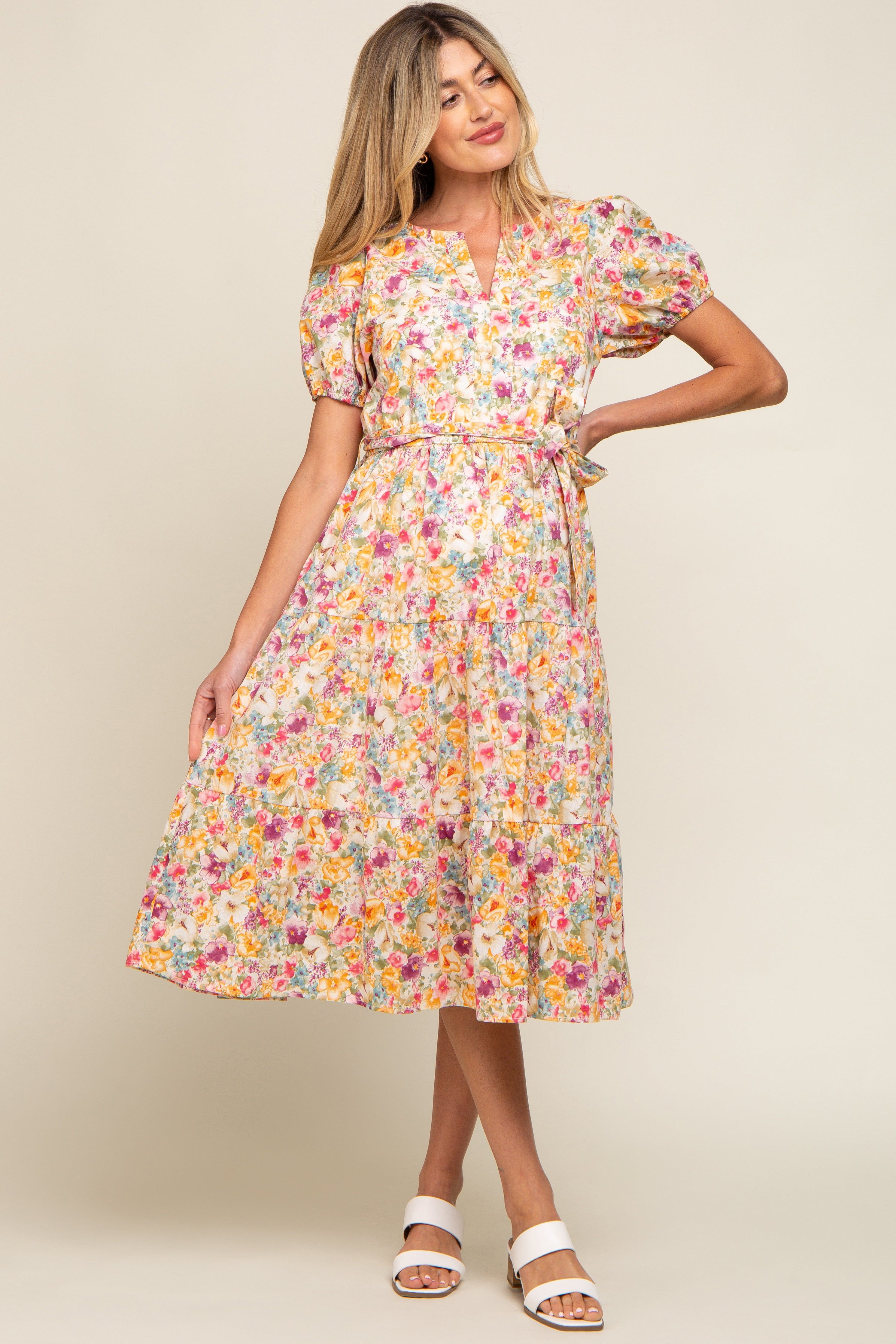 Lavender Floral Puff Sleeve Tiered Maternity Midi Dress sold by Pinkblush product image thumbnail 5