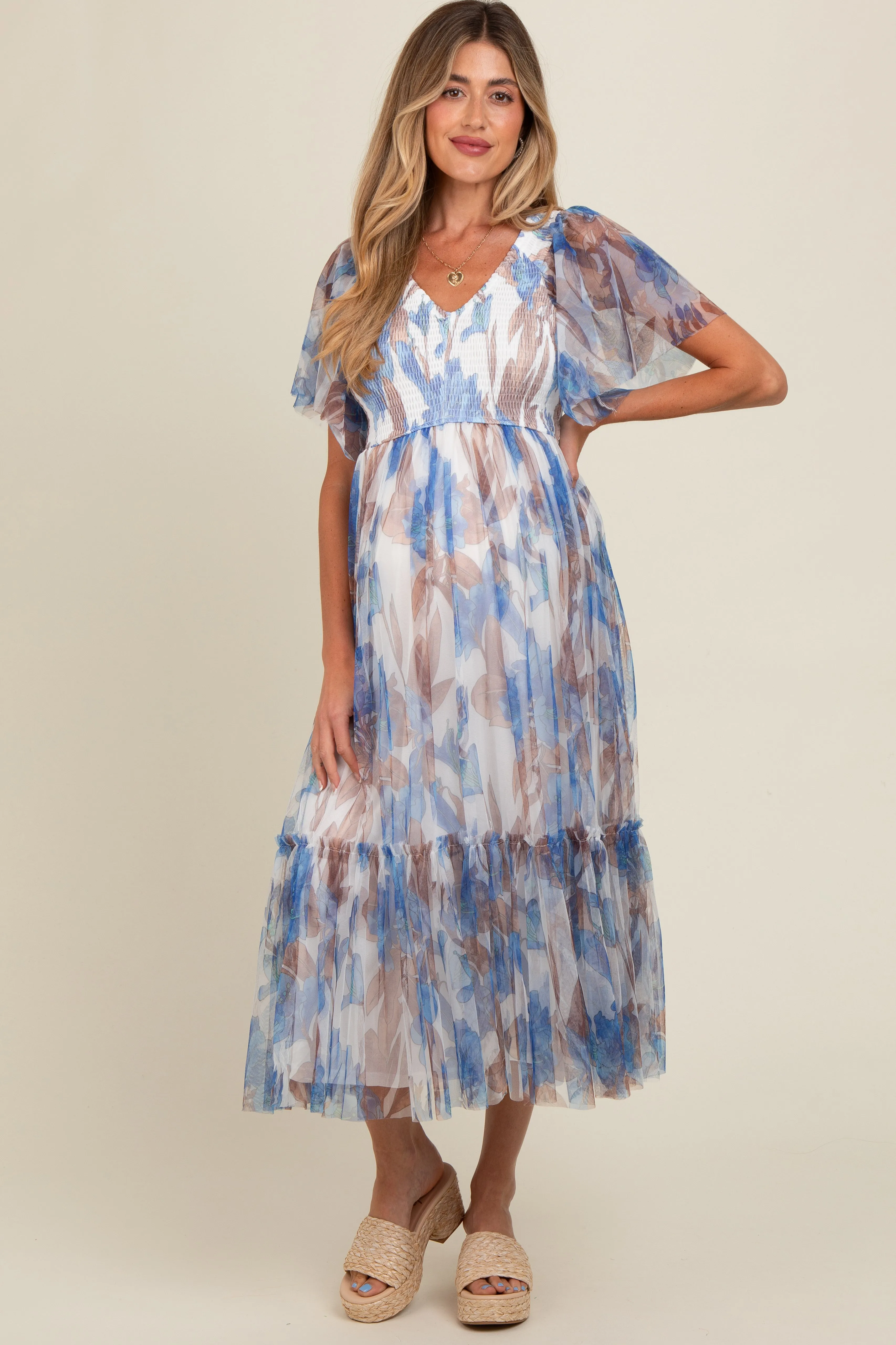 White Leaf Print Mesh Smocked Maternity Midi Dress sold by Pinkblush product image thumbnail 2