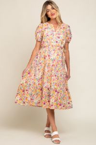 Lavender Floral Puff Sleeve Tiered Maternity Midi Dress sold by Pinkblush