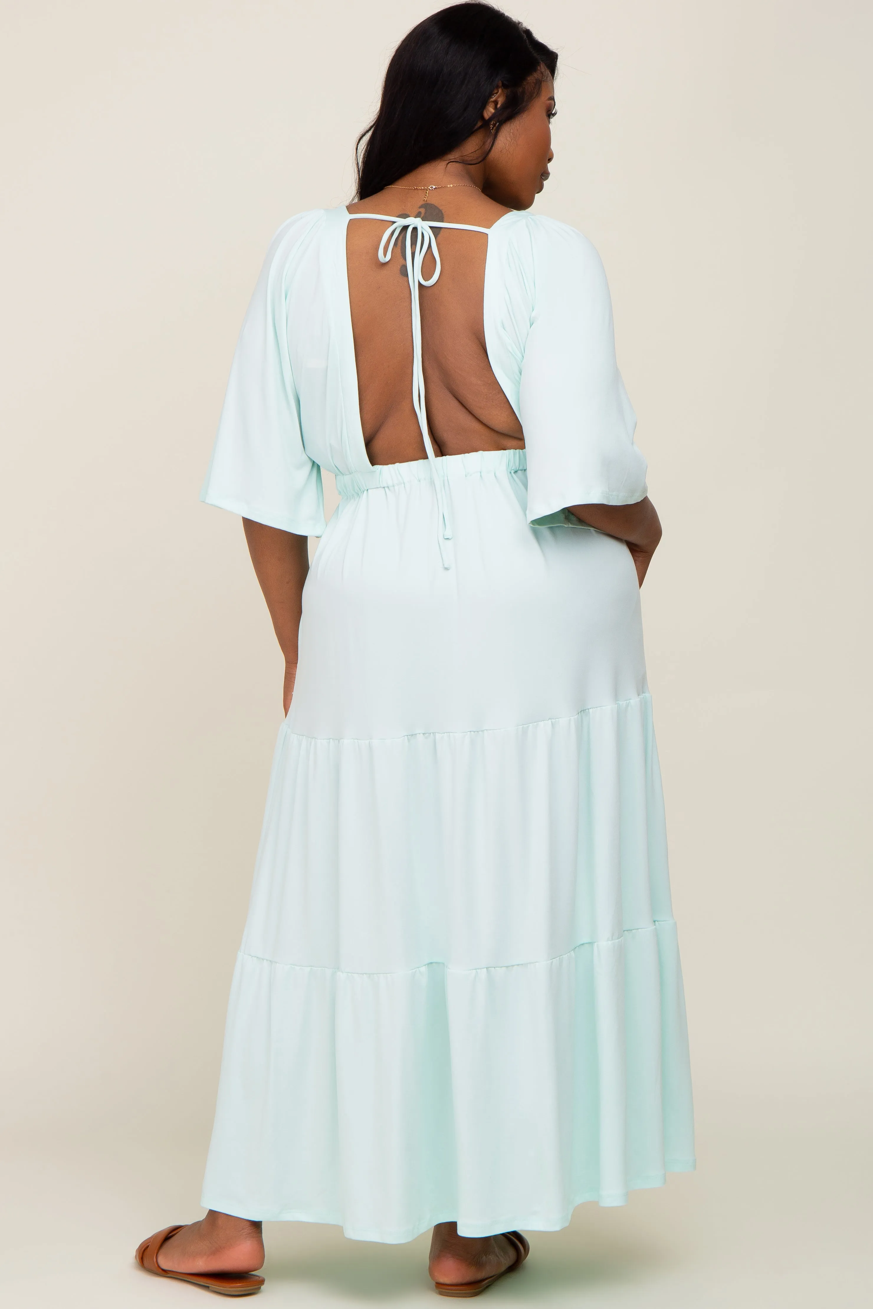 Mint Green Deep V-Neck Tiered Plus Maxi Dress sold by Pinkblush product image thumbnail 3