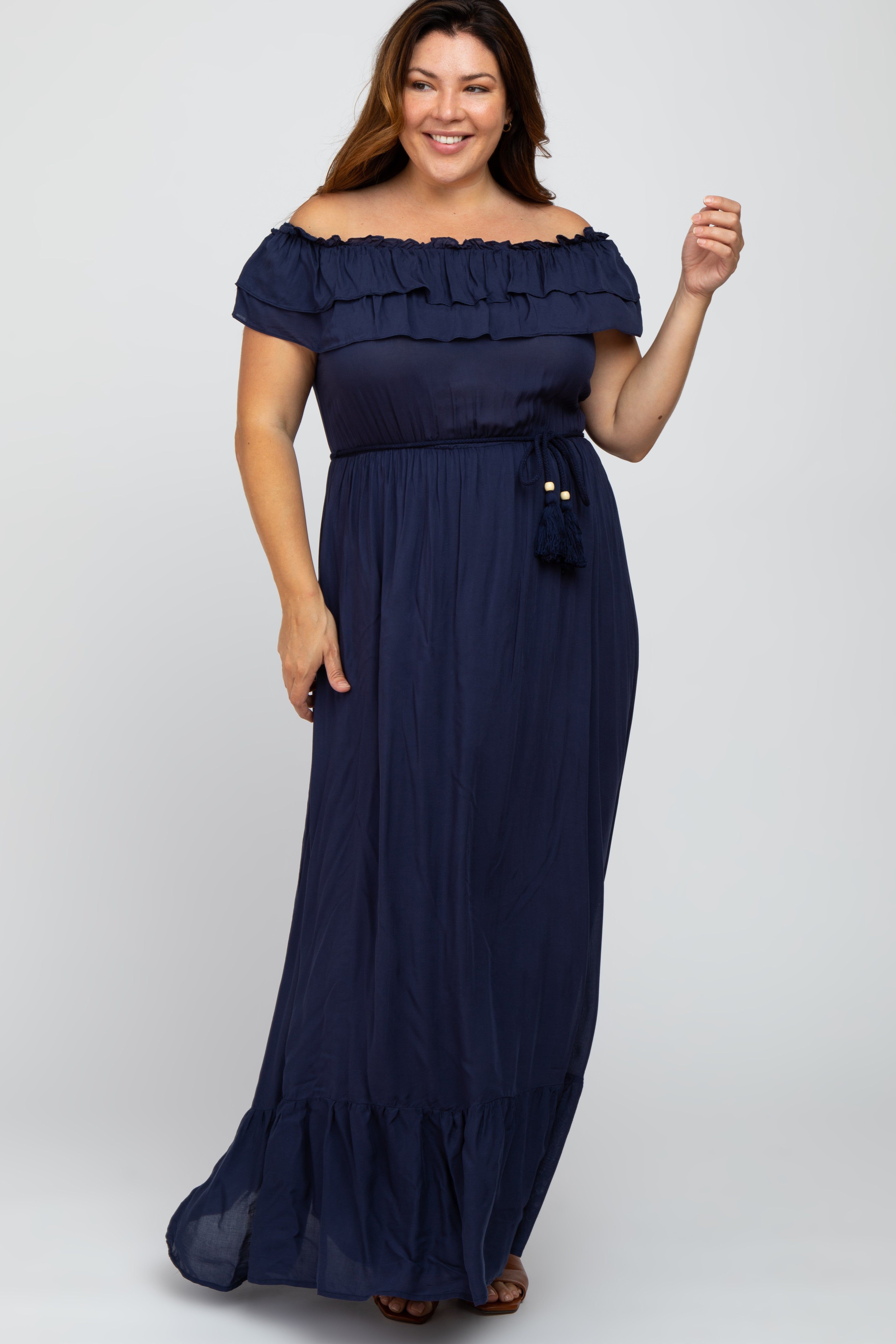 Navy Off Shoulder Tassel Tie Plus Maxi Dress sold by Pinkblush