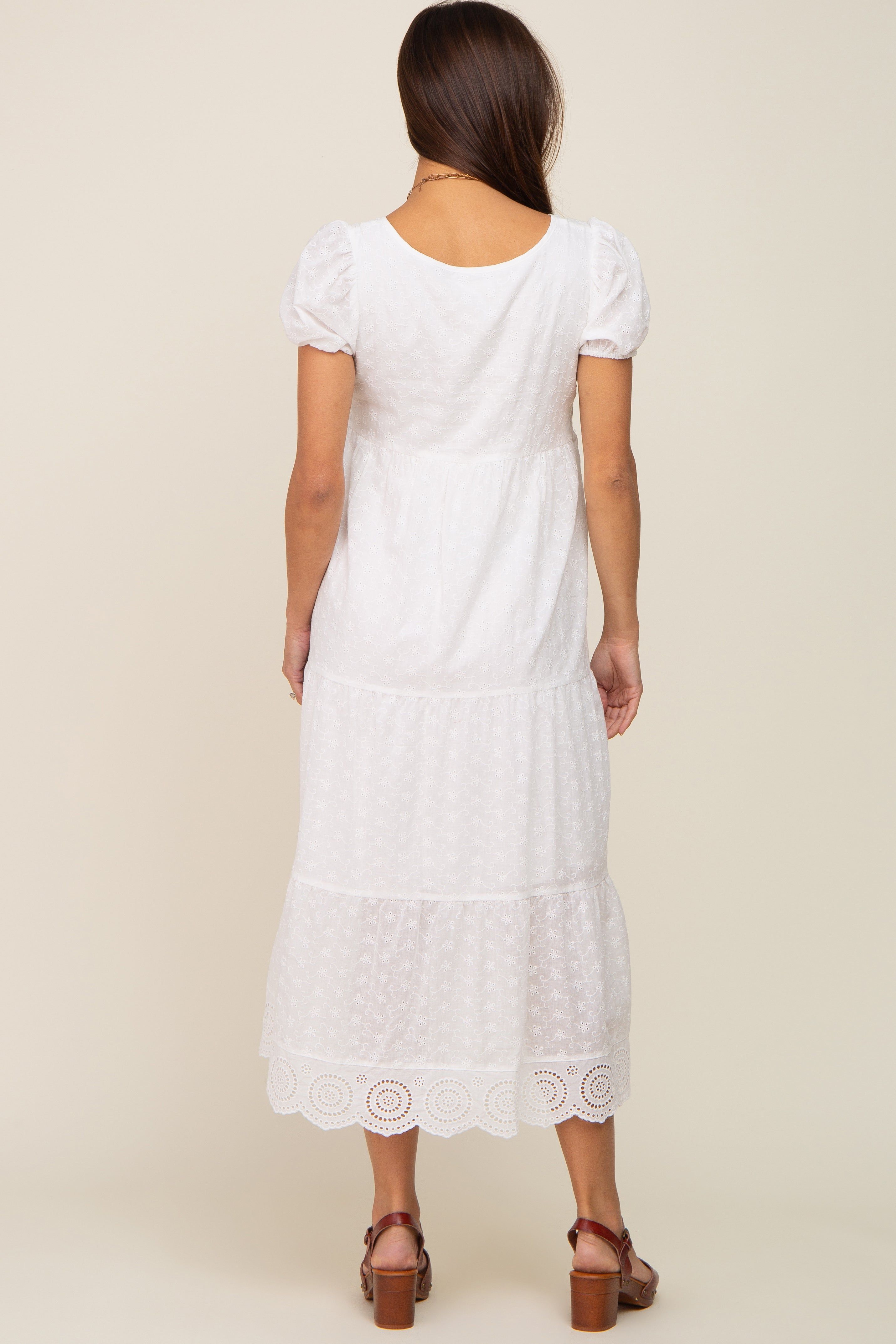 Ivory Eyelet Button Front Tiered Scalloped Hem Maternity Midi Dress sold by Pinkblush product image thumbnail 3