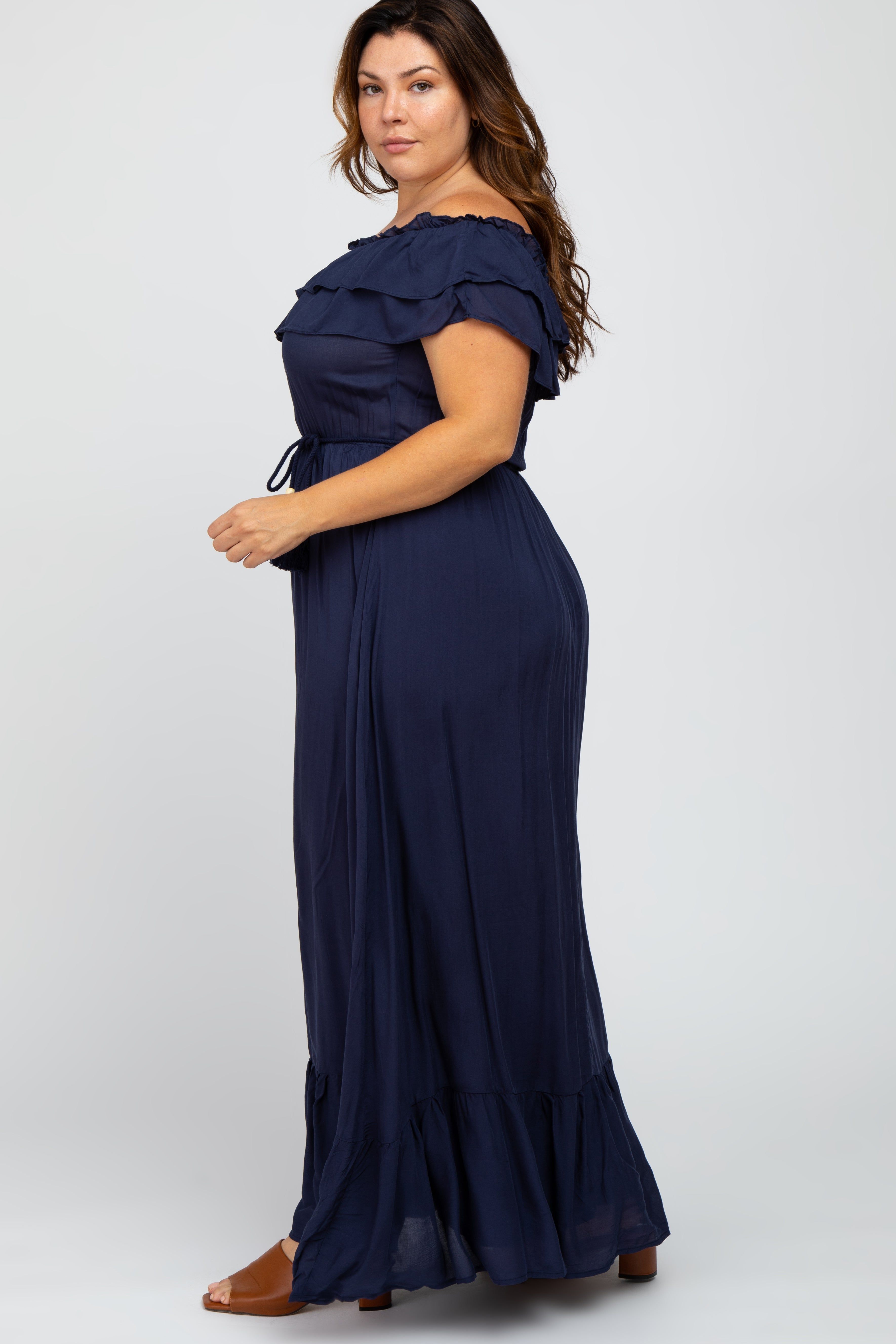 Navy Off Shoulder Tassel Tie Plus Maxi Dress sold by Pinkblush product image thumbnail 2