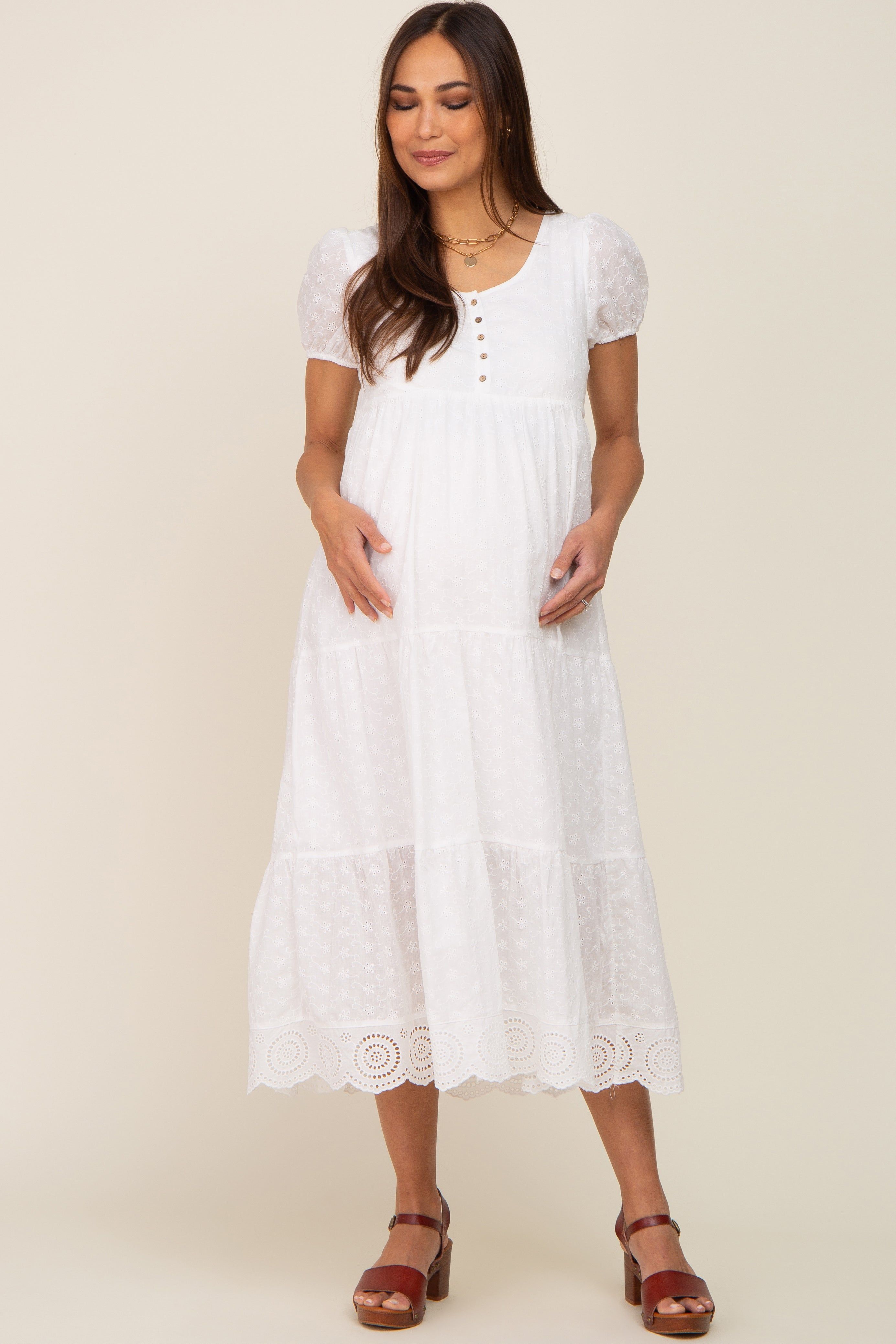 Ivory Eyelet Button Front Tiered Scalloped Hem Maternity Midi Dress sold by Pinkblush product image thumbnail 4