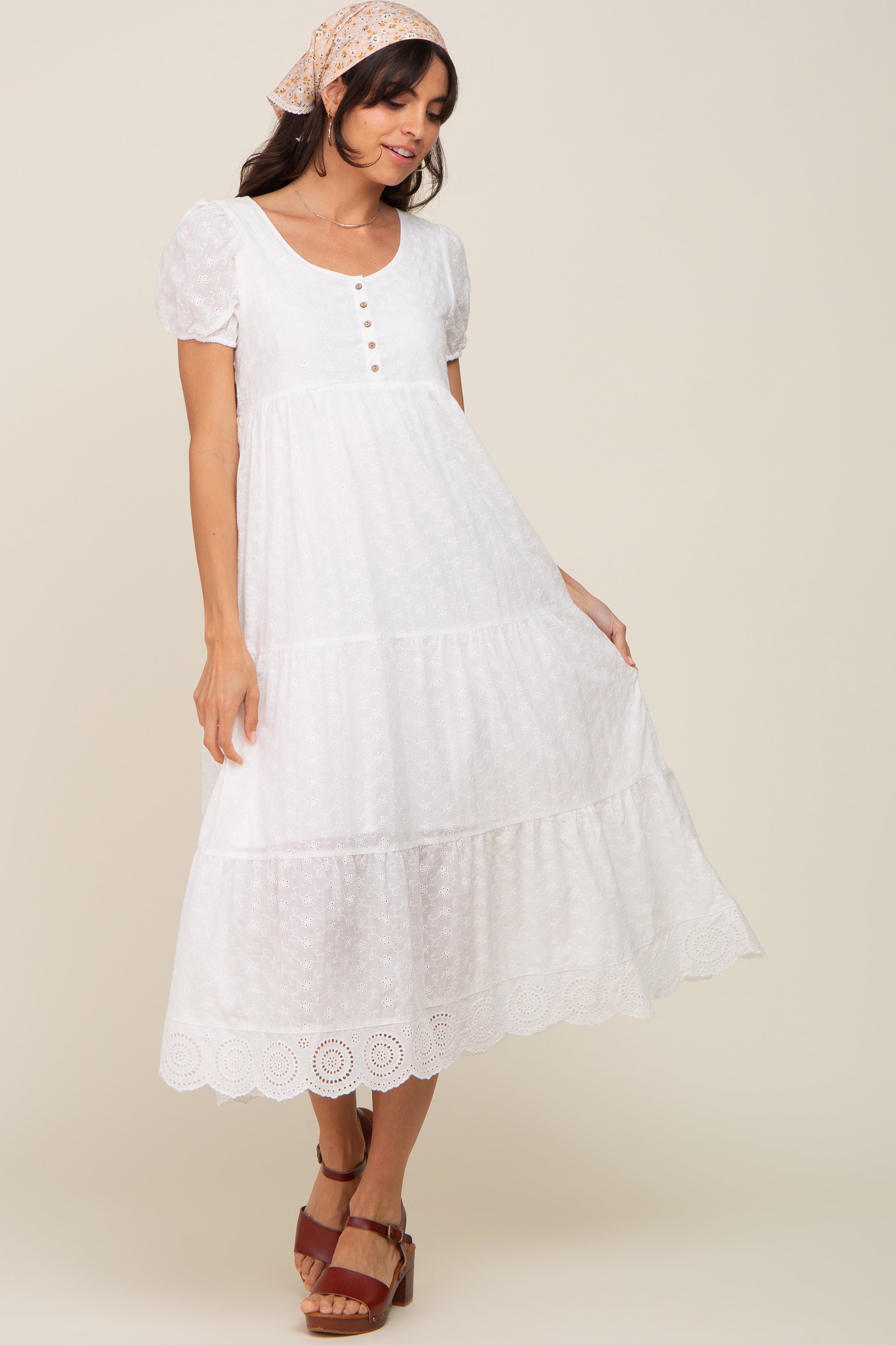 Ivory Eyelet Button Front Tiered Scalloped Hem Maternity Midi Dress sold by Pinkblush product image thumbnail 5