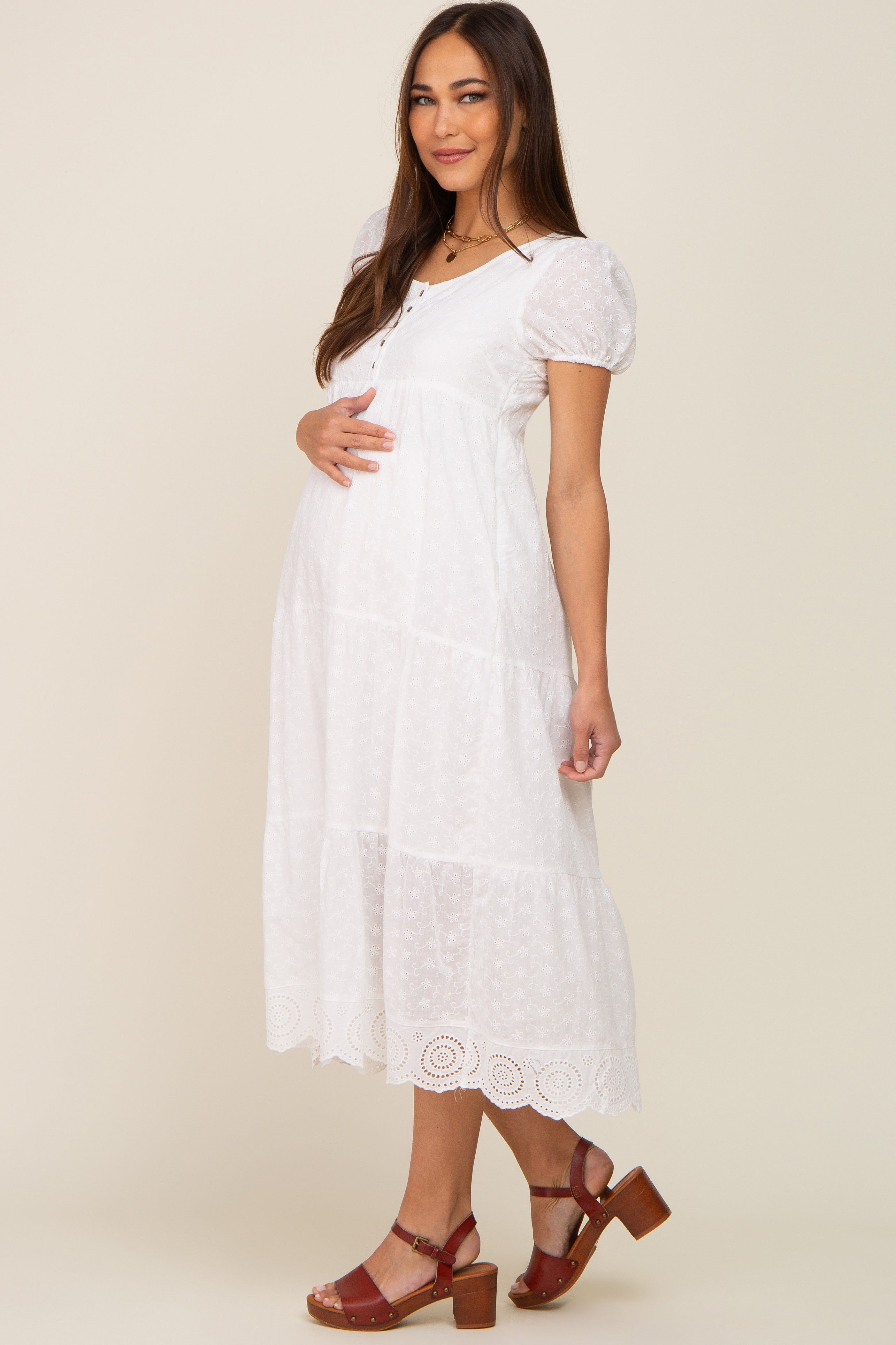Ivory Eyelet Button Front Tiered Scalloped Hem Maternity Midi Dress sold by Pinkblush product image thumbnail 2
