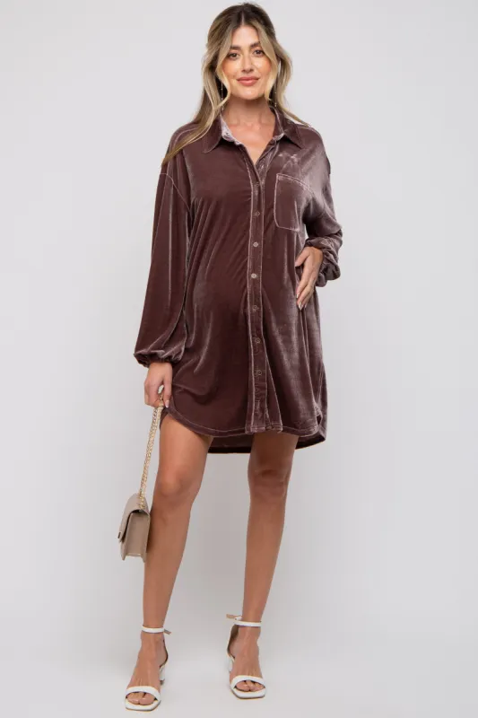 Mocha Velour Button Up Long Sleeve Maternity Dress sold by Pinkblush