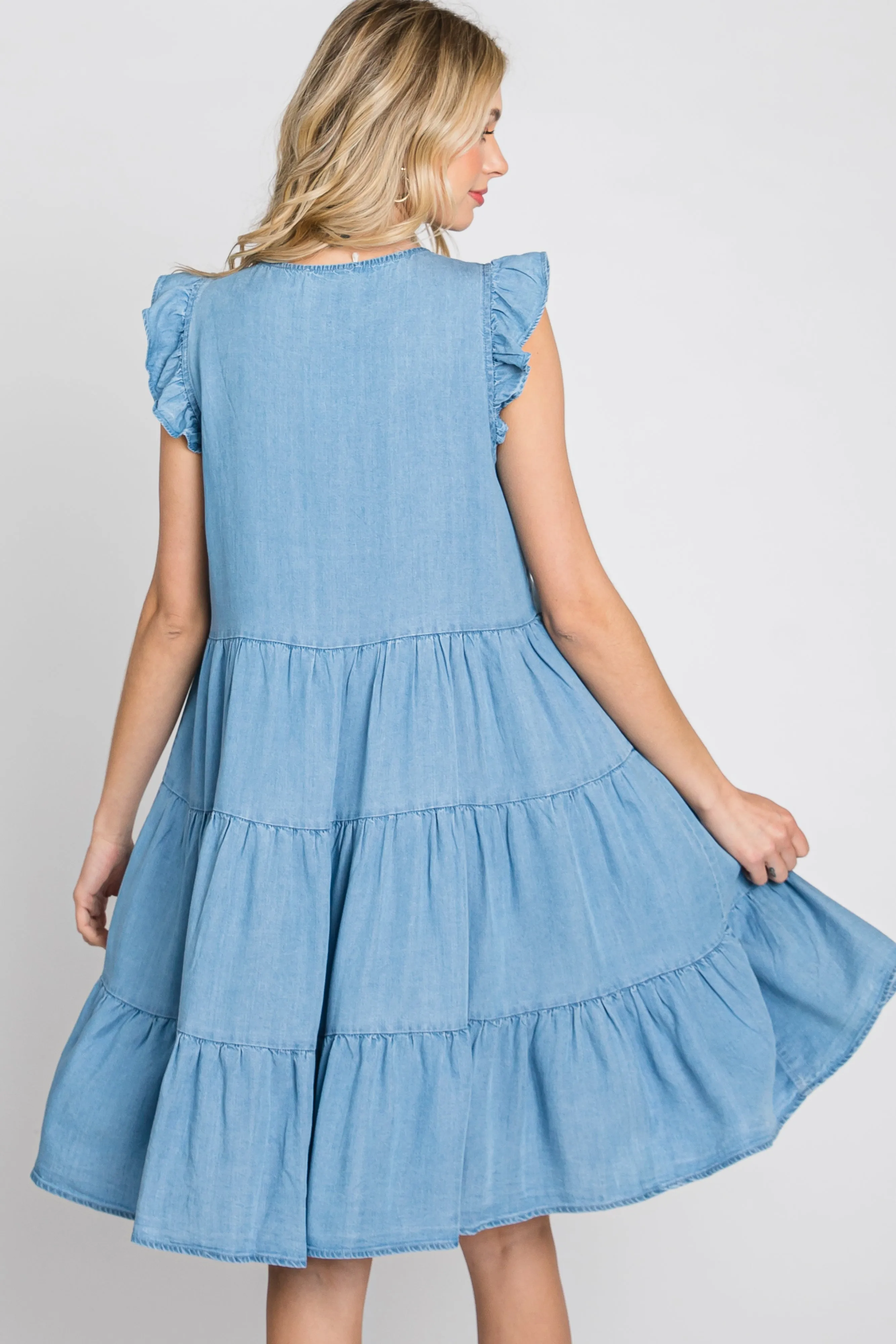 Light Blue Chambray Tiered Button Accent Dress sold by Pinkblush product image thumbnail 4