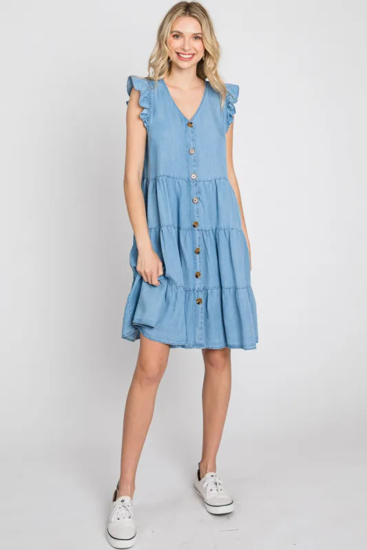 Light Blue Chambray Tiered Button Accent Dress sold by Pinkblush