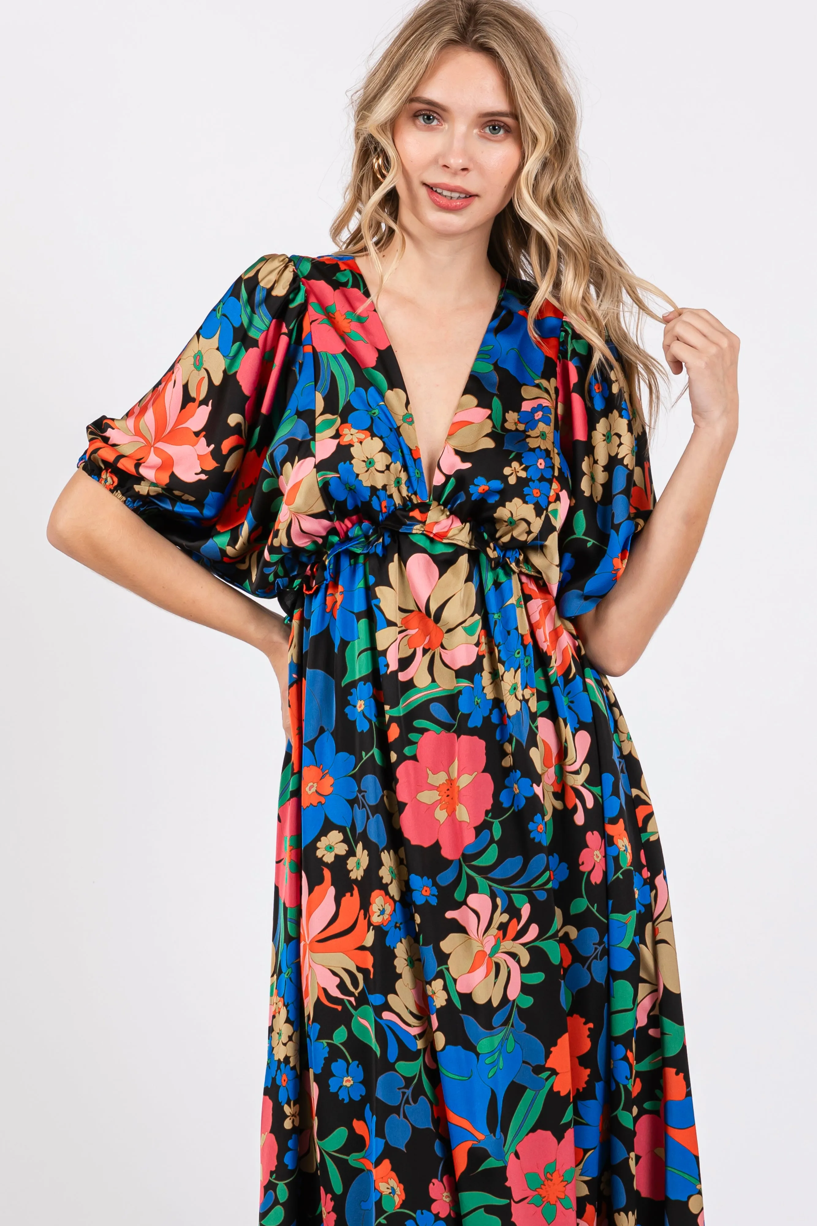 Black Floral Satin Deep V-Neck Puff Sleeve Maxi Dress sold by Pinkblush product image thumbnail 4
