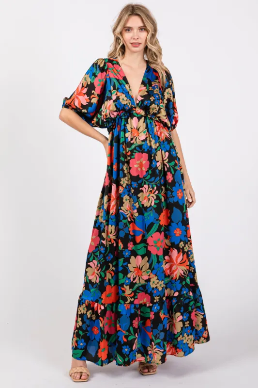 Black Floral Satin Deep V-Neck Puff Sleeve Maxi Dress sold by Pinkblush