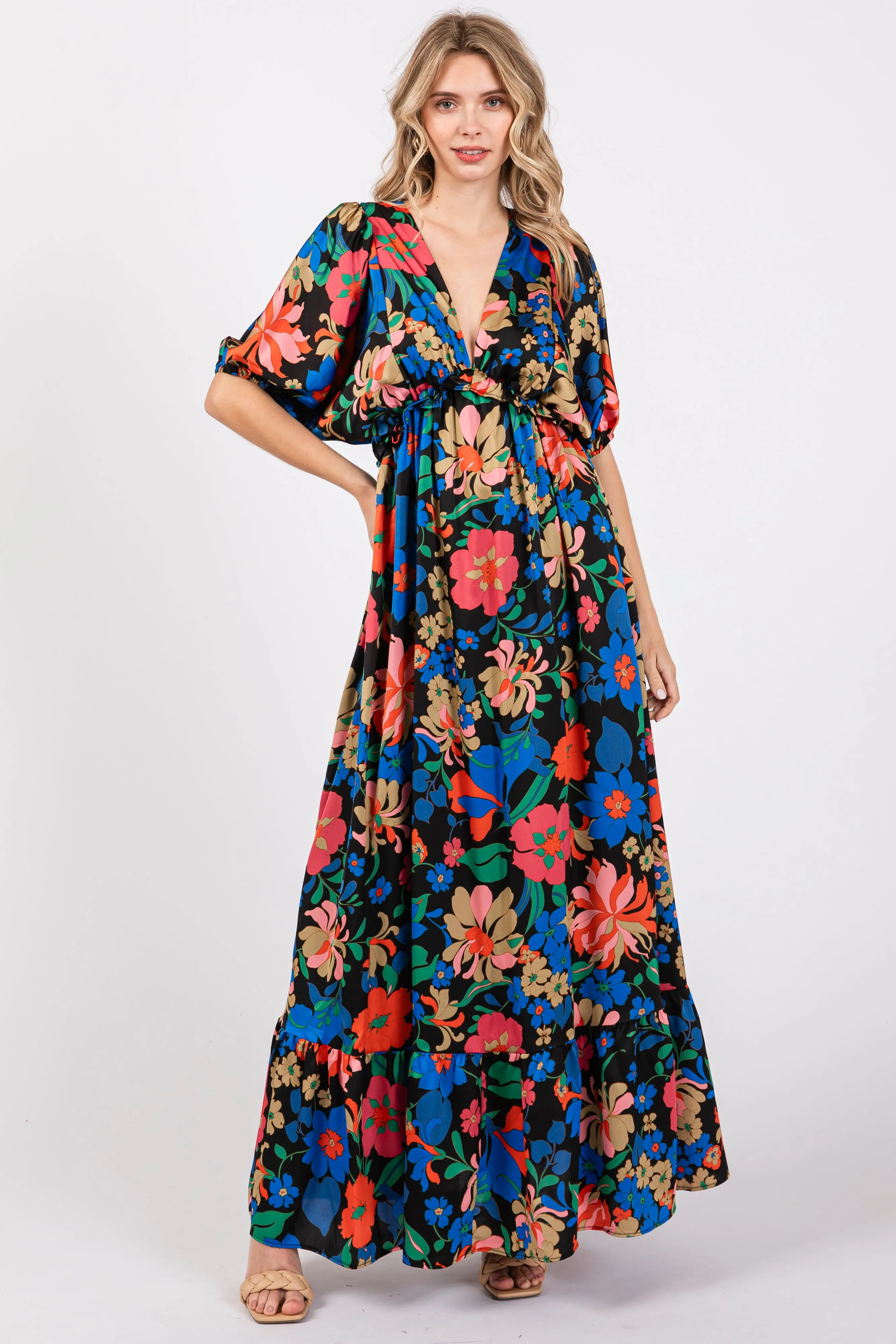 Black Floral Satin Deep V-Neck Puff Sleeve Maxi Dress sold by Pinkblush