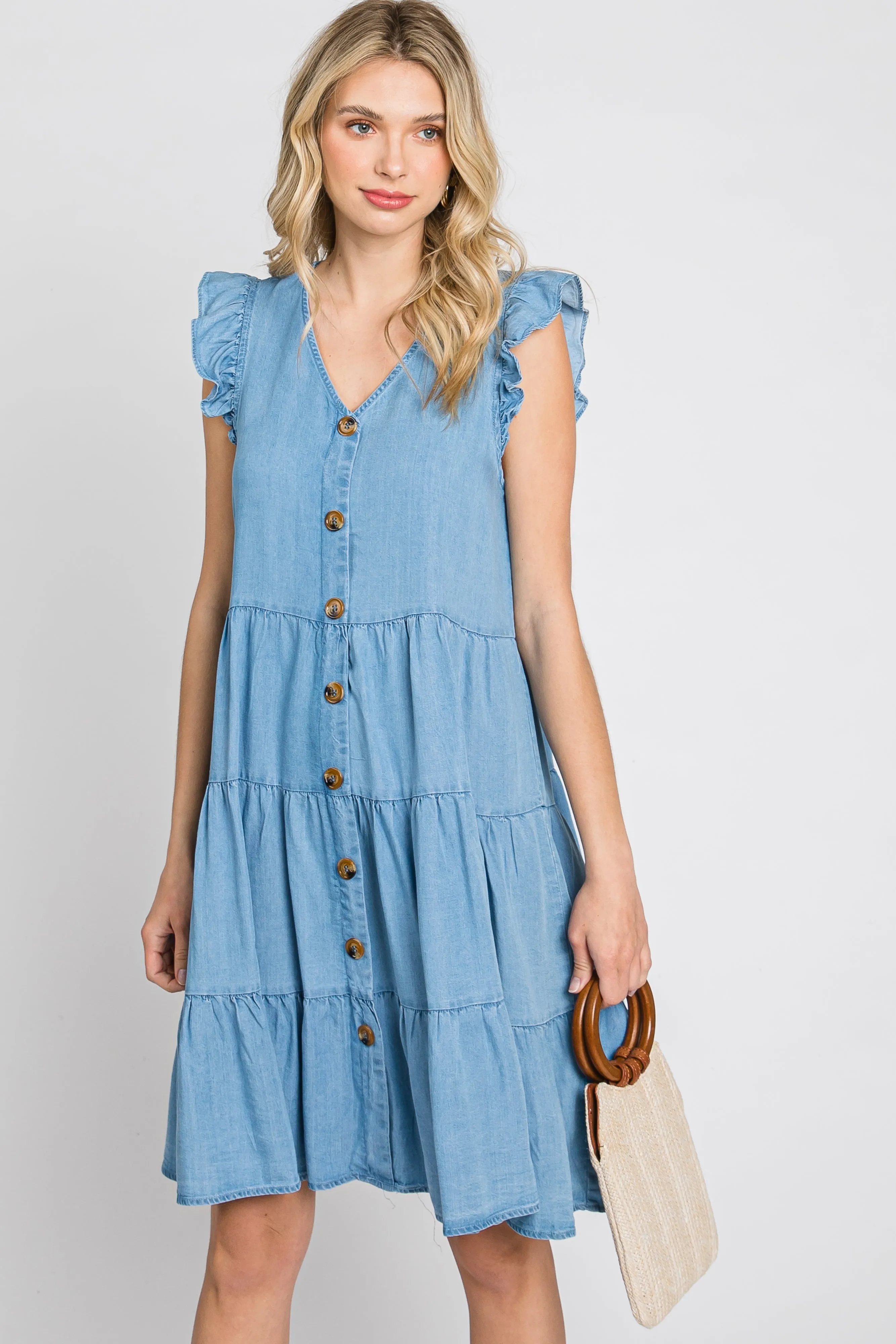 Light Blue Chambray Tiered Button Accent Dress sold by Pinkblush product image thumbnail 2