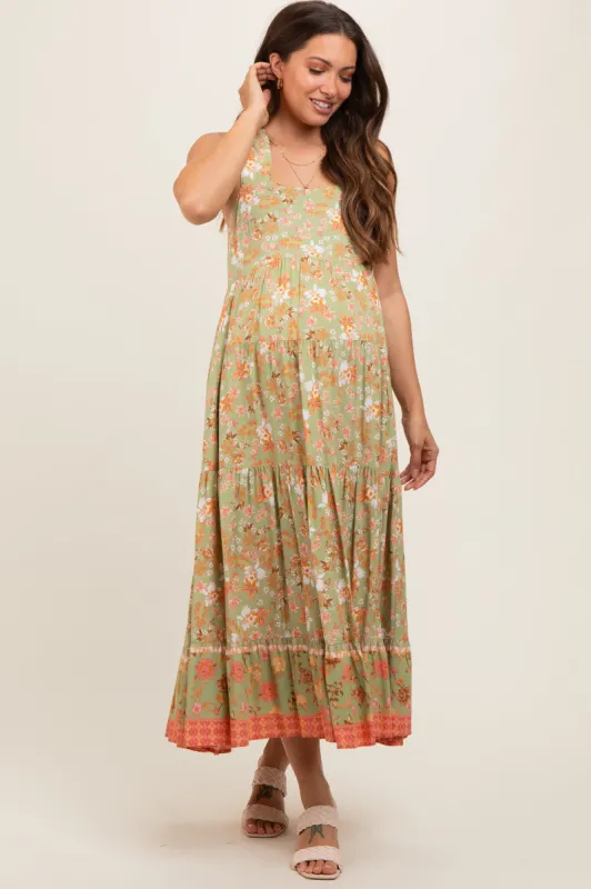 Light Olive Floral Sleeveless Tiered Maternity Midi Dress sold by Pinkblush