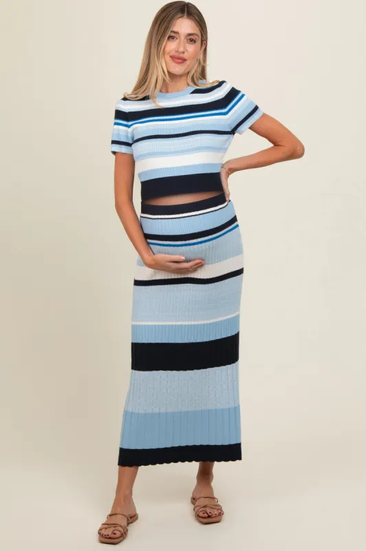 Blue Ribbed Striped Maternity Skirt Set sold by Pinkblush