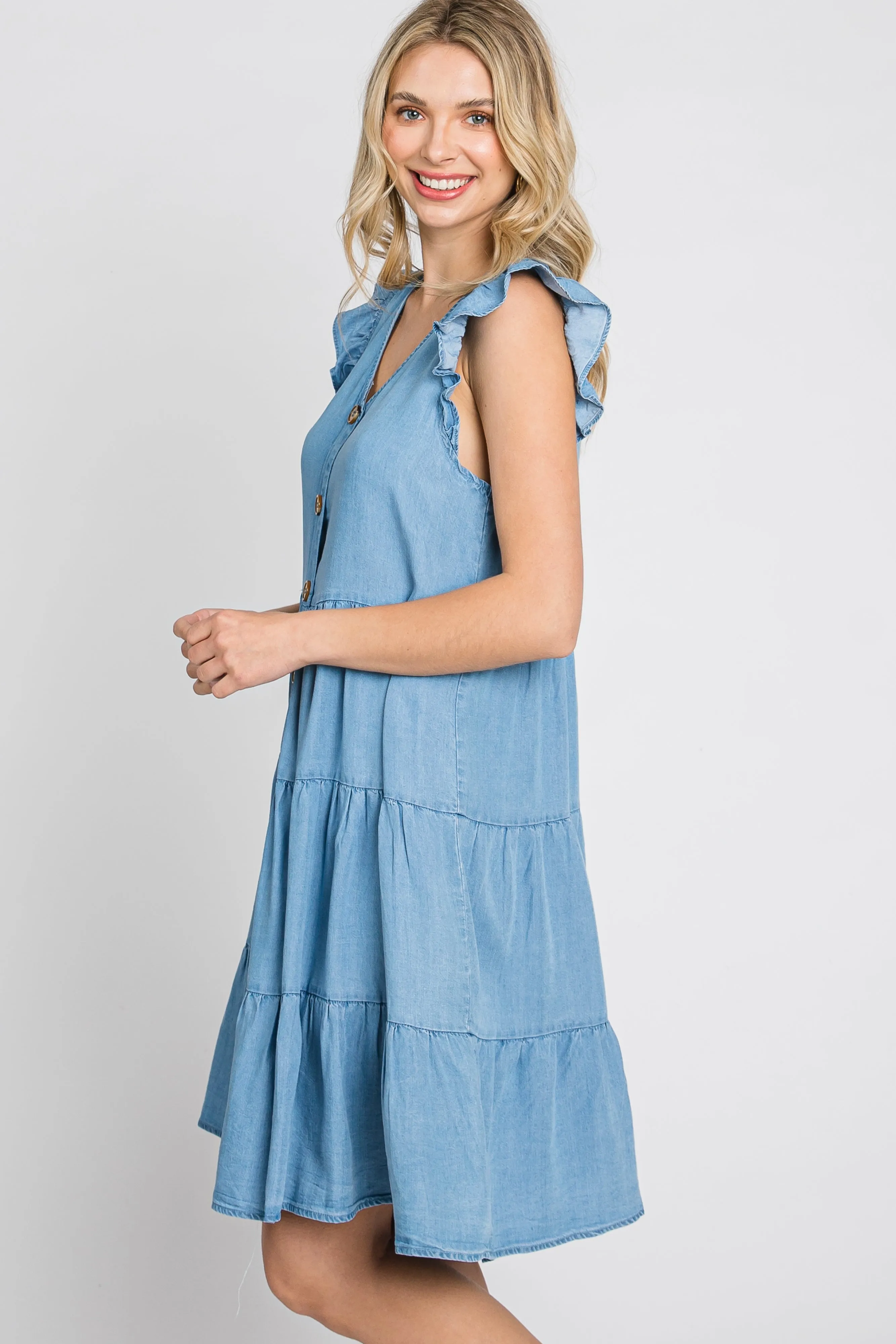 Light Blue Chambray Tiered Button Accent Dress sold by Pinkblush product image thumbnail 3