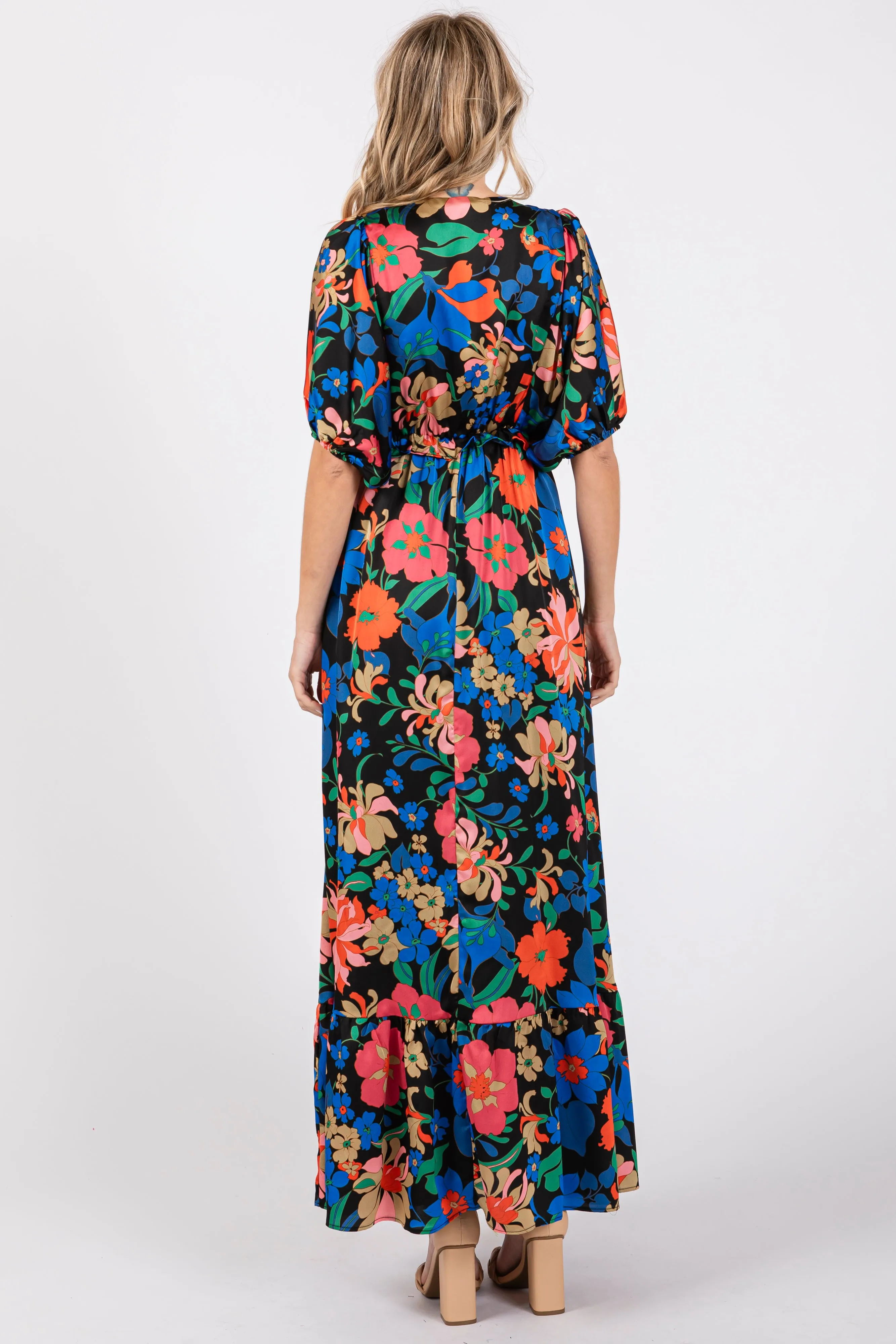 Black Floral Satin Deep V-Neck Puff Sleeve Maxi Dress sold by Pinkblush product image thumbnail 3