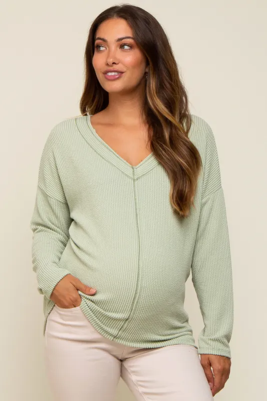 Light Olive Ribbed V-Neck Long Sleeve Maternity Top sold by Pinkblush