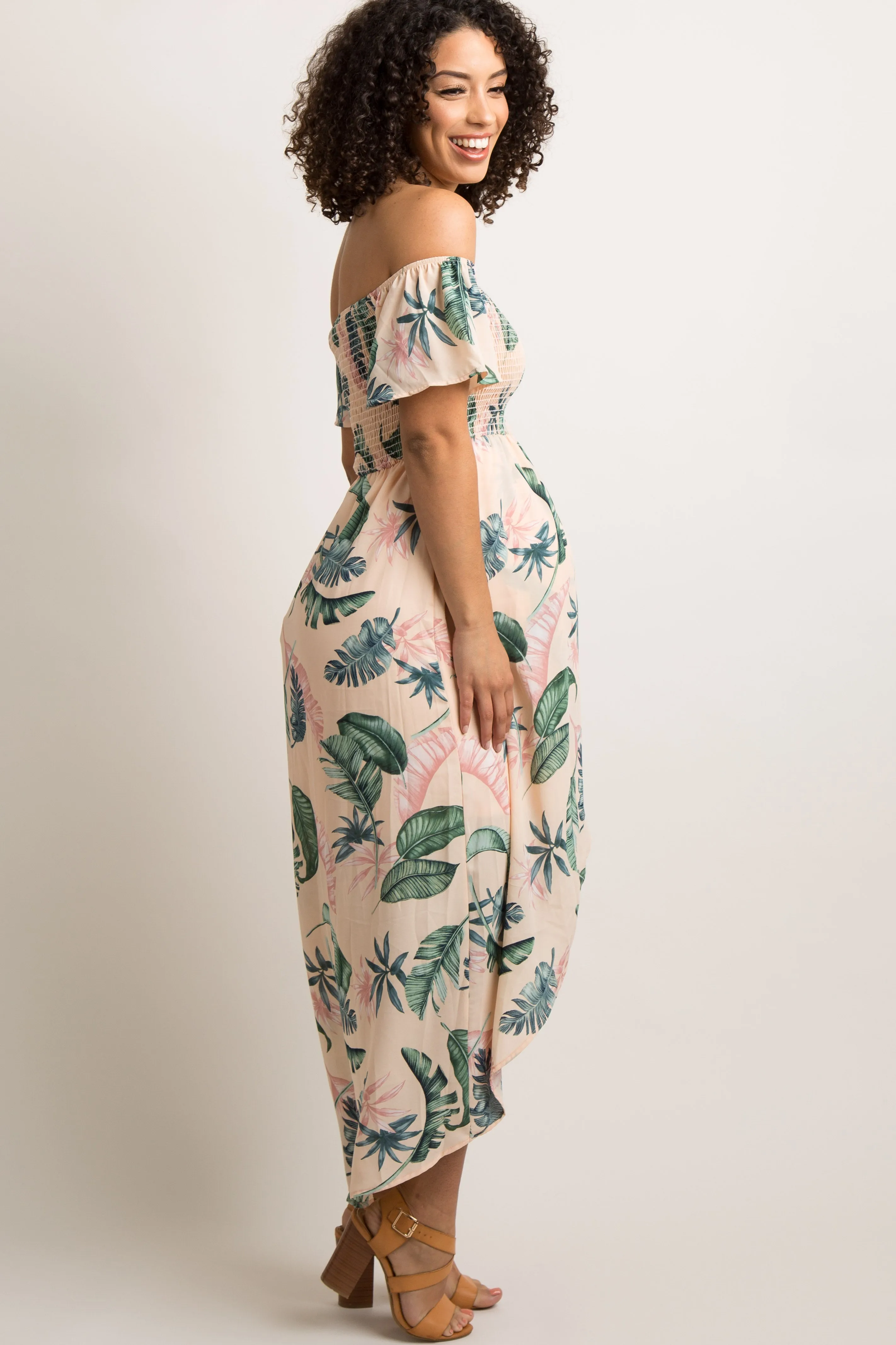 PinkBlush Peach Leaf Print Smocked Off Shoulder Maternity Dress sold by Pinkblush product image thumbnail 3