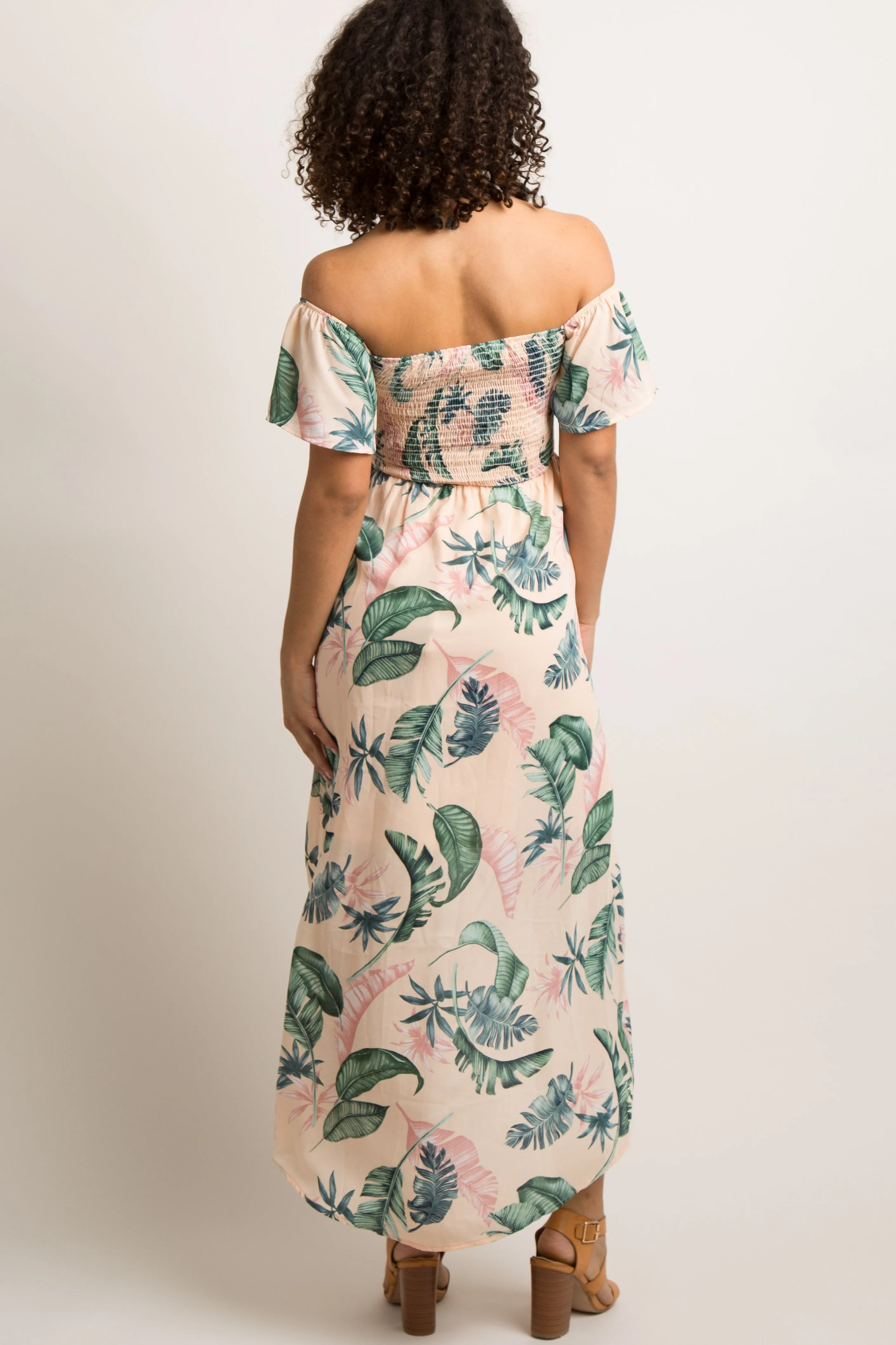 PinkBlush Peach Leaf Print Smocked Off Shoulder Maternity Dress sold by Pinkblush product image thumbnail 4