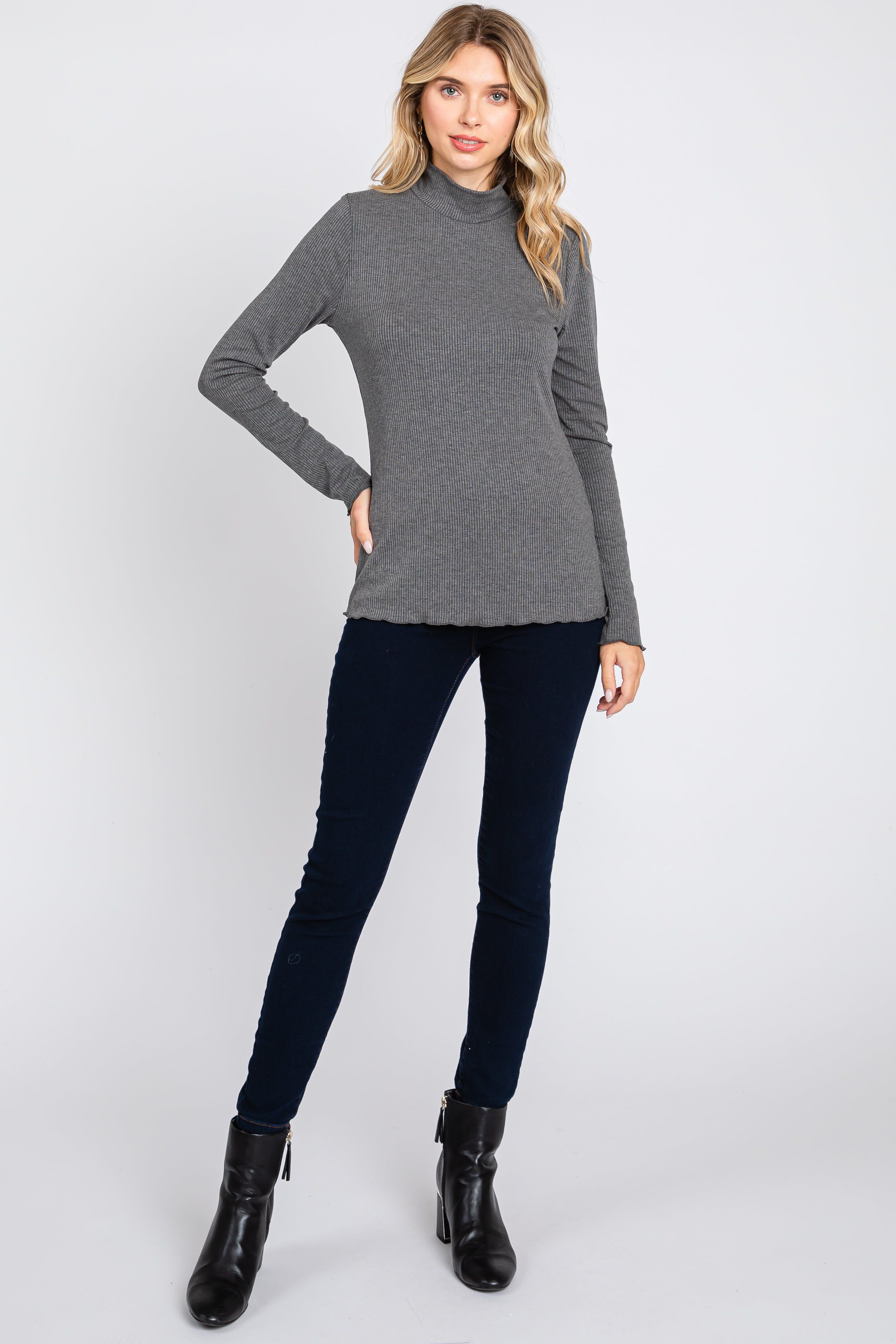 Charcoal Ribbed Long Sleeve Turtle Neck Top sold by Pinkblush product image thumbnail 4