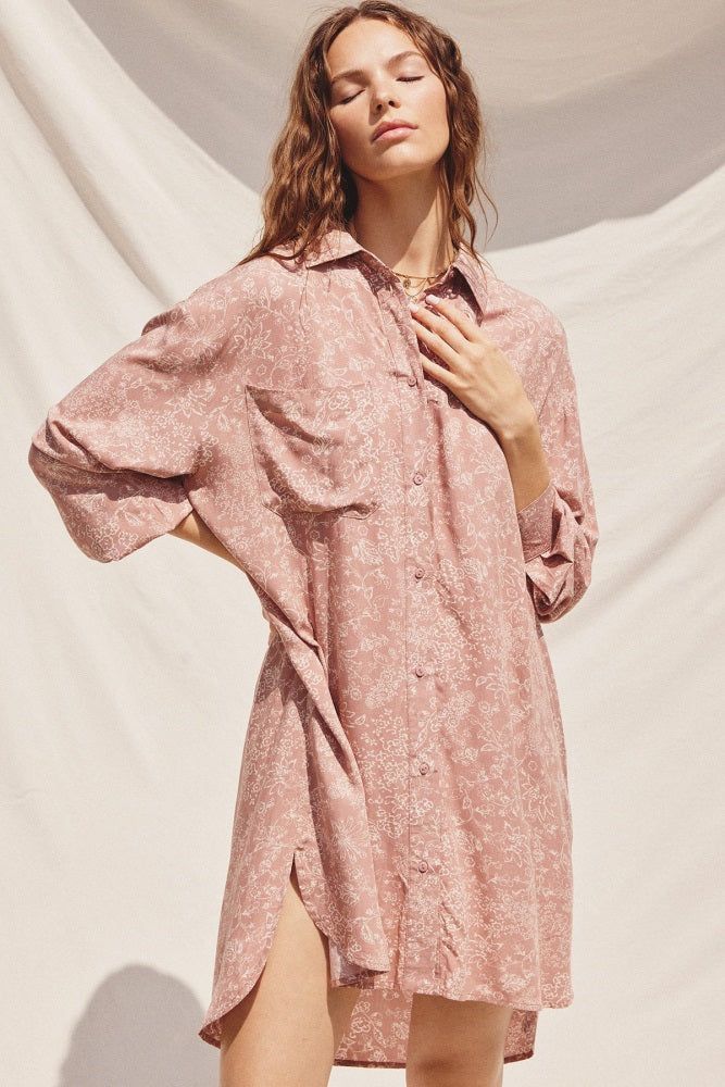 Mauve Floral Button Up Long Sleeve Dress sold by Pinkblush product image thumbnail 2