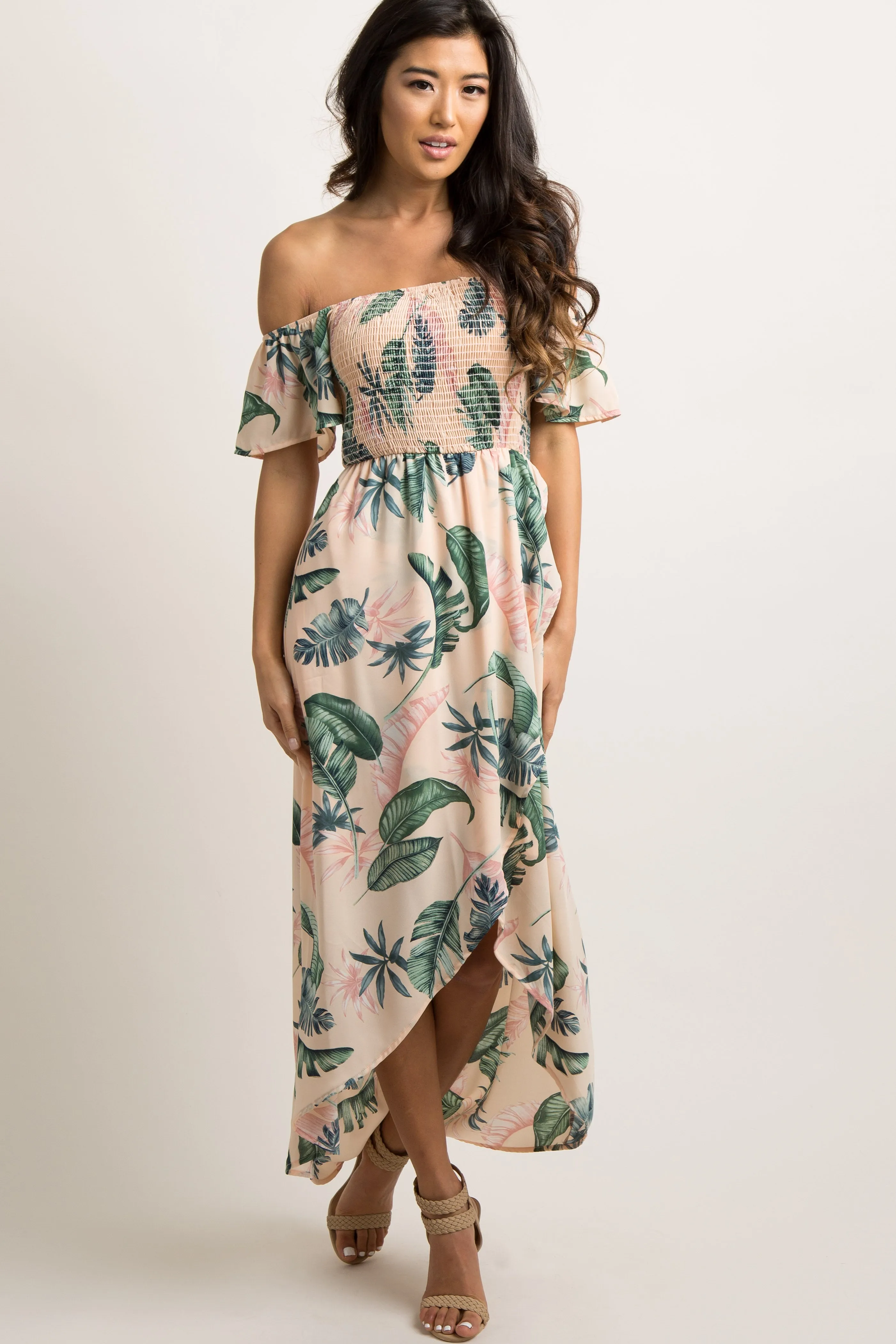 PinkBlush Peach Leaf Print Smocked Off Shoulder Maternity Dress sold by Pinkblush product image thumbnail 5