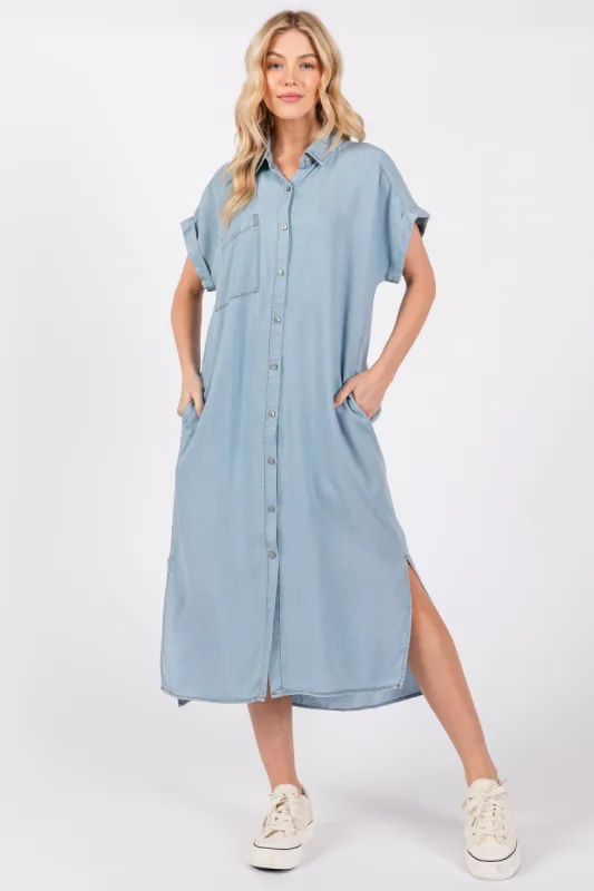 Light Blue Chambray Button Down Midi Dress sold by Pinkblush