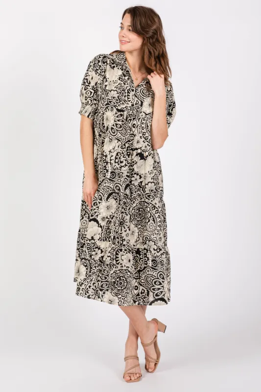 Black Floral Collared Tiered Midi Dress sold by Pinkblush