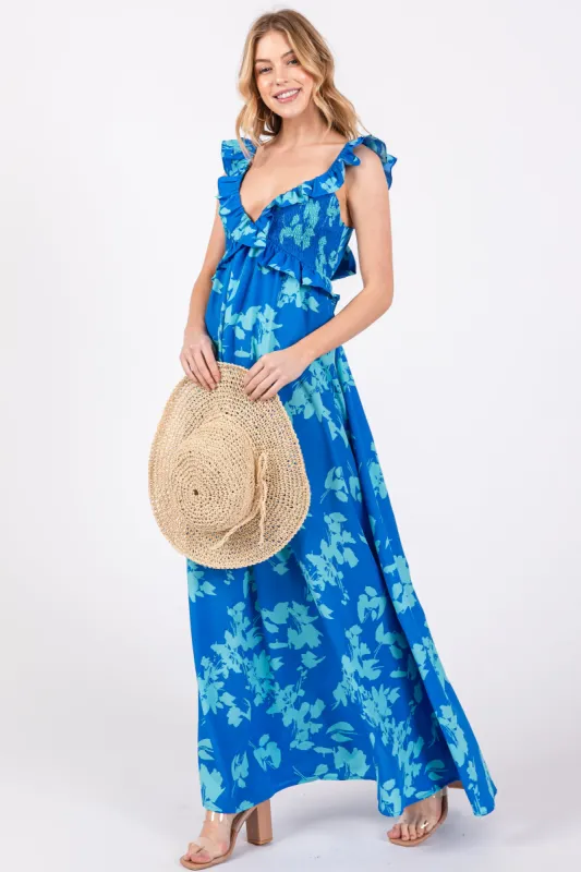 Blue Floral Ruffle V-Neck Back Cutout Maternity Maxi Dress sold by Pinkblush