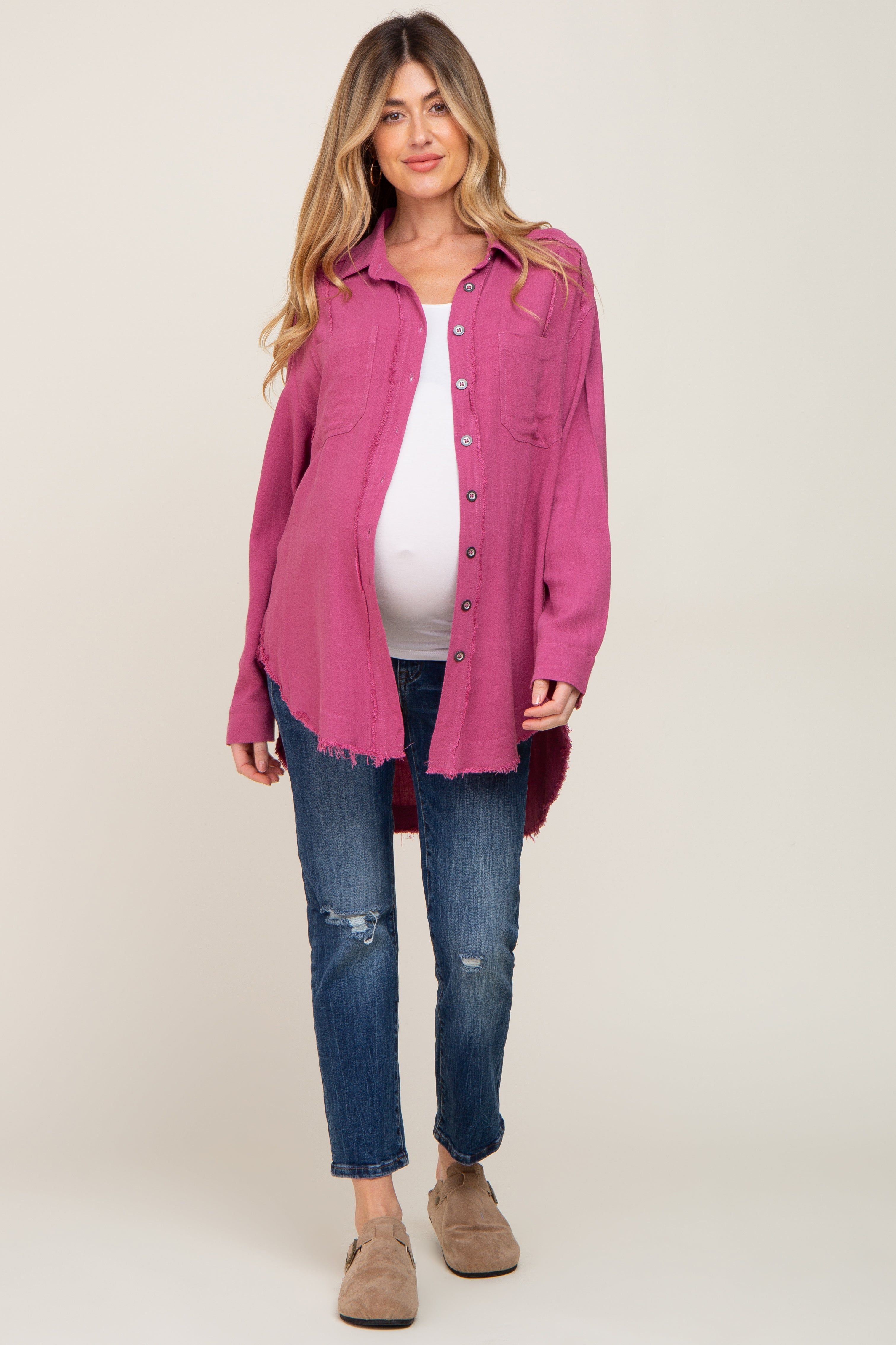 Magenta Linen Fringe Button Down Maternity Top sold by Pinkblush product image thumbnail 4