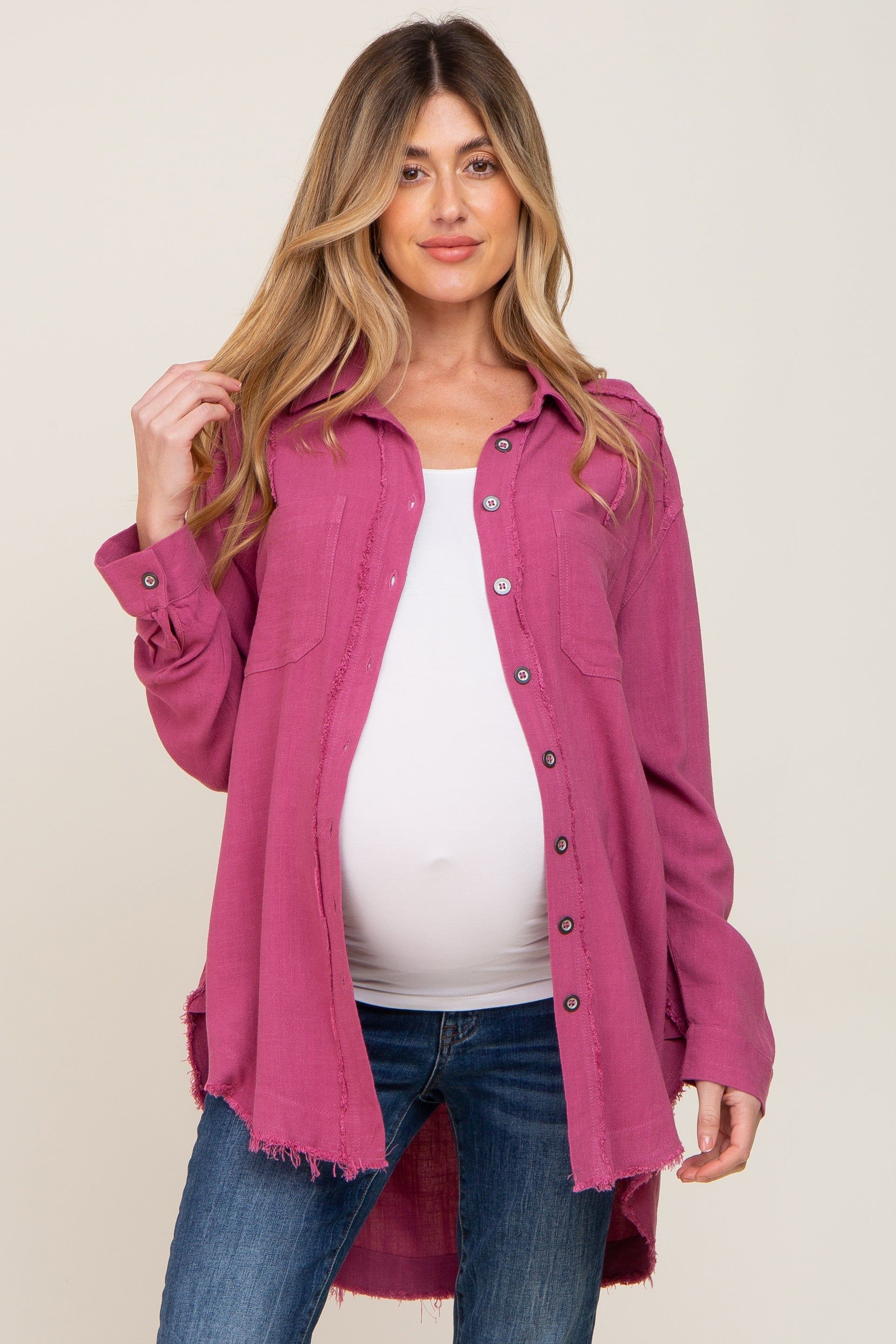 Magenta Linen Fringe Button Down Maternity Top sold by Pinkblush