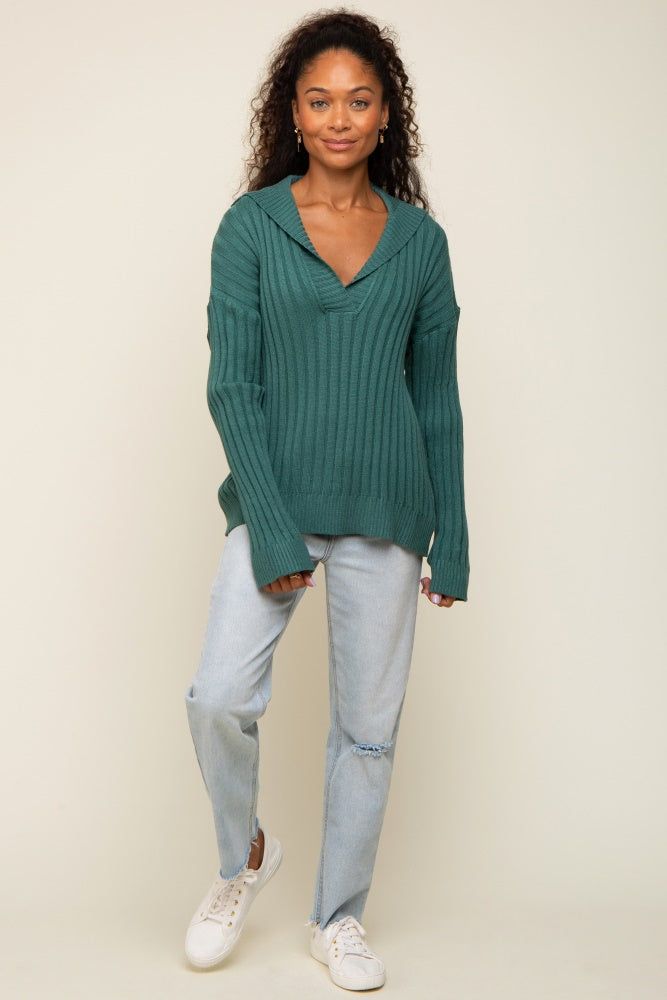 Hunter Green Ribbed Knit Collared Long Sleeve Top sold by Pinkblush product image thumbnail 4