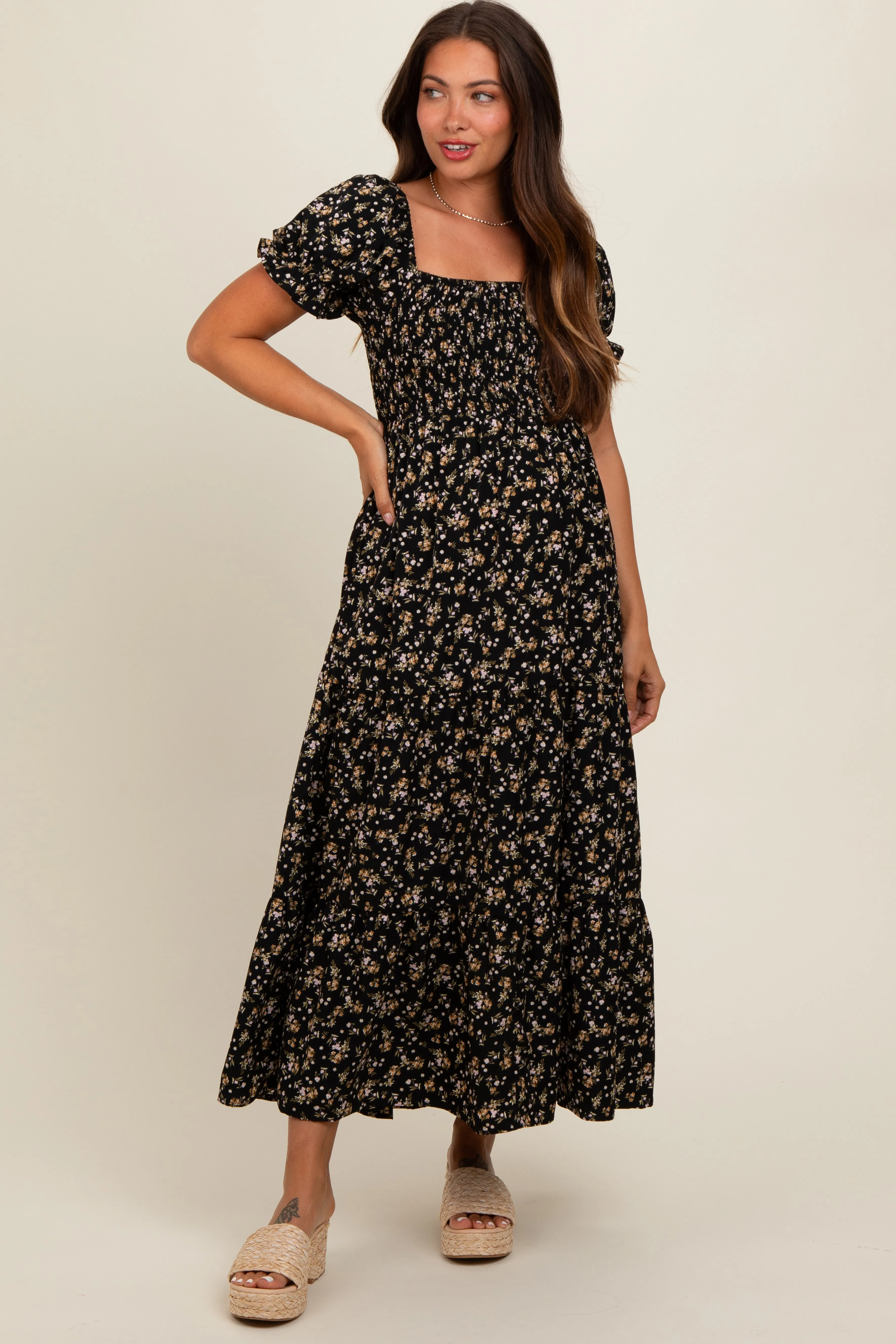 Black Floral Midi Maternity Dress sold by Pinkblush