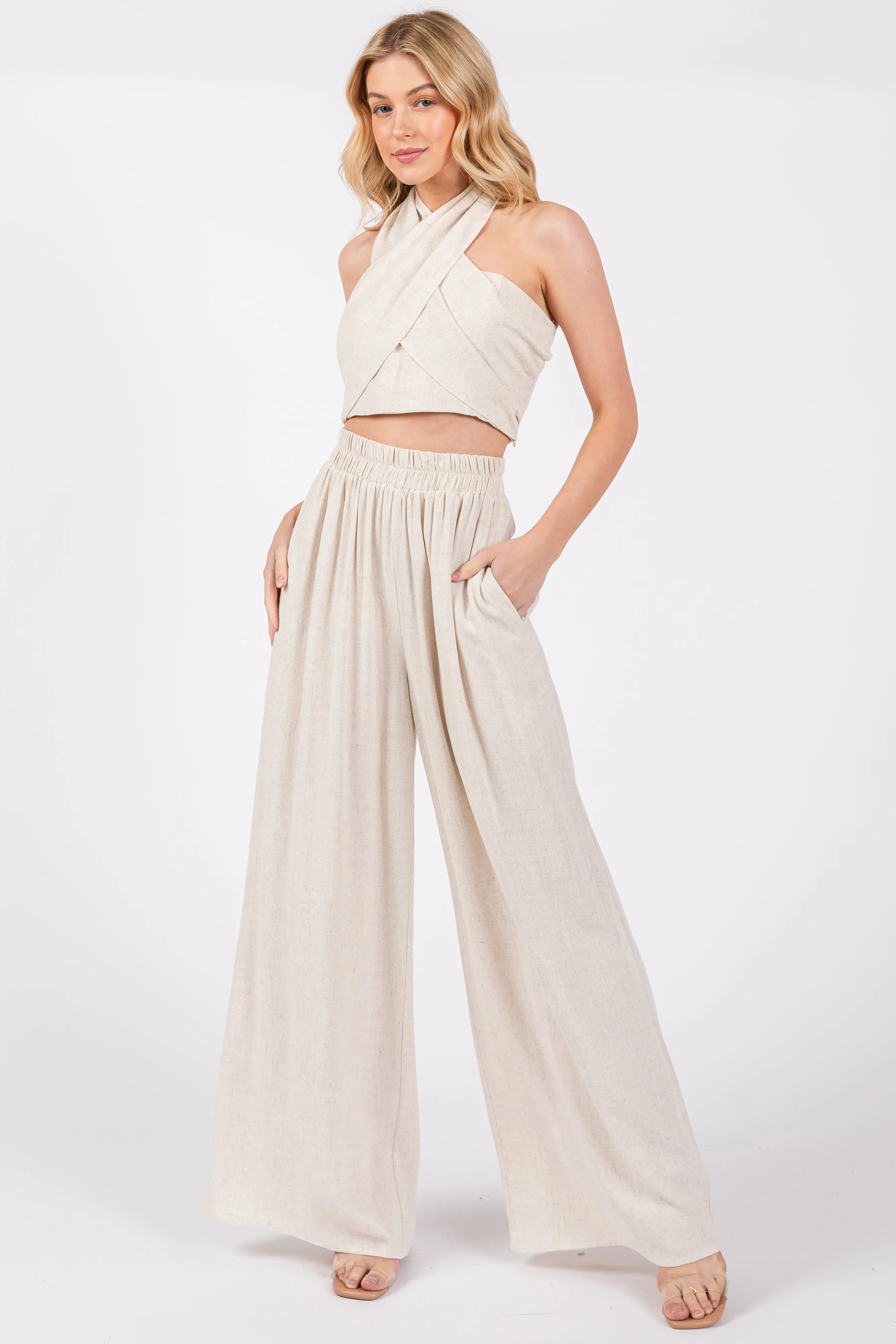 Beige Linen Smocked Top and Pants Maternity Set sold by Pinkblush product image thumbnail 5