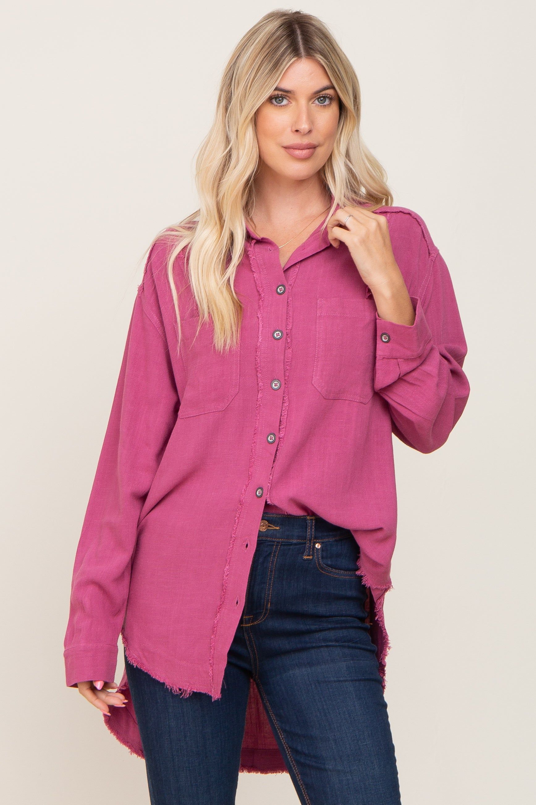 Magenta Linen Fringe Button Down Maternity Top sold by Pinkblush product image thumbnail 5