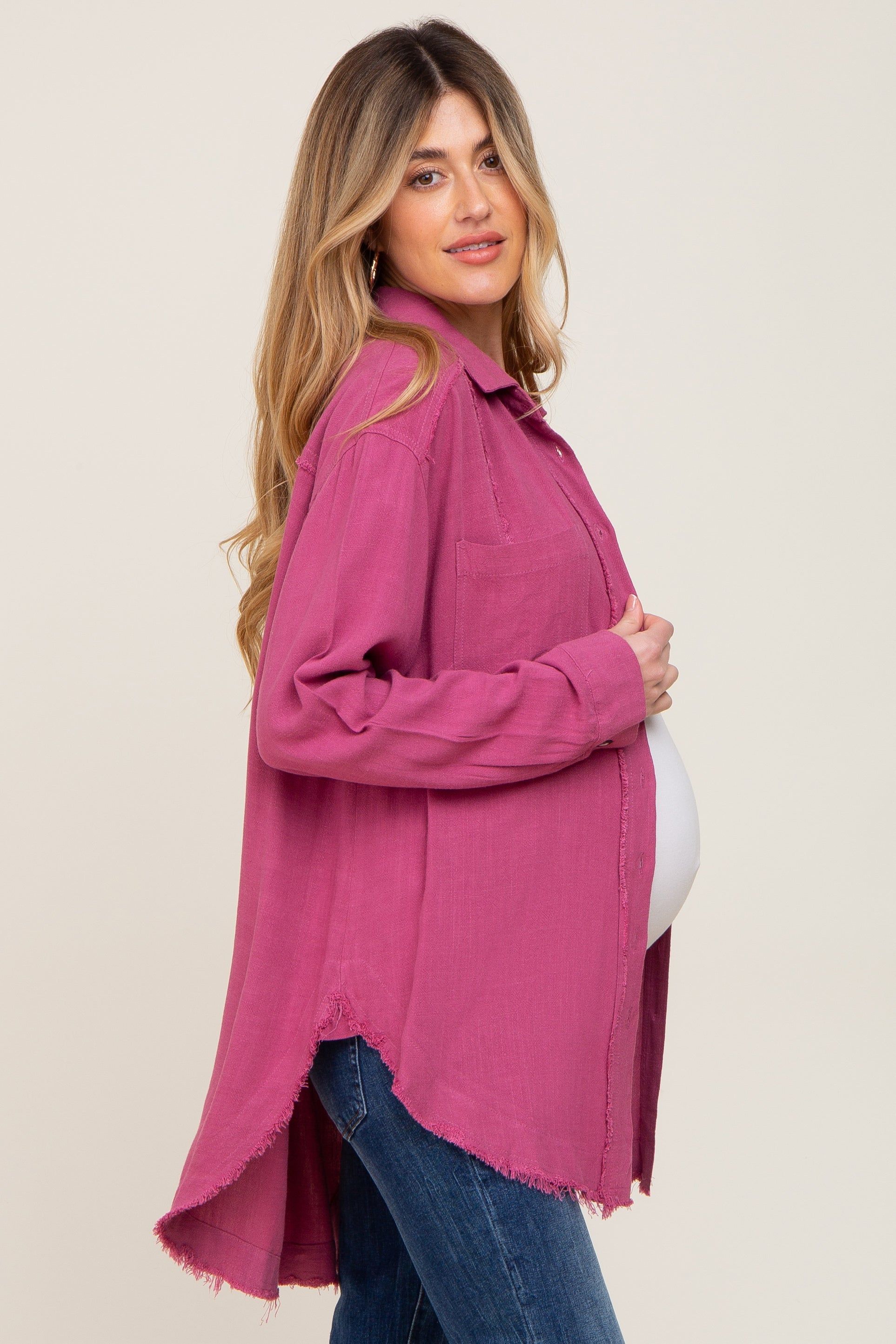 Magenta Linen Fringe Button Down Maternity Top sold by Pinkblush product image thumbnail 2