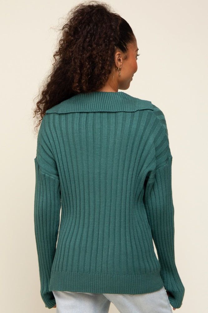 Hunter Green Ribbed Knit Collared Long Sleeve Top sold by Pinkblush product image thumbnail 3