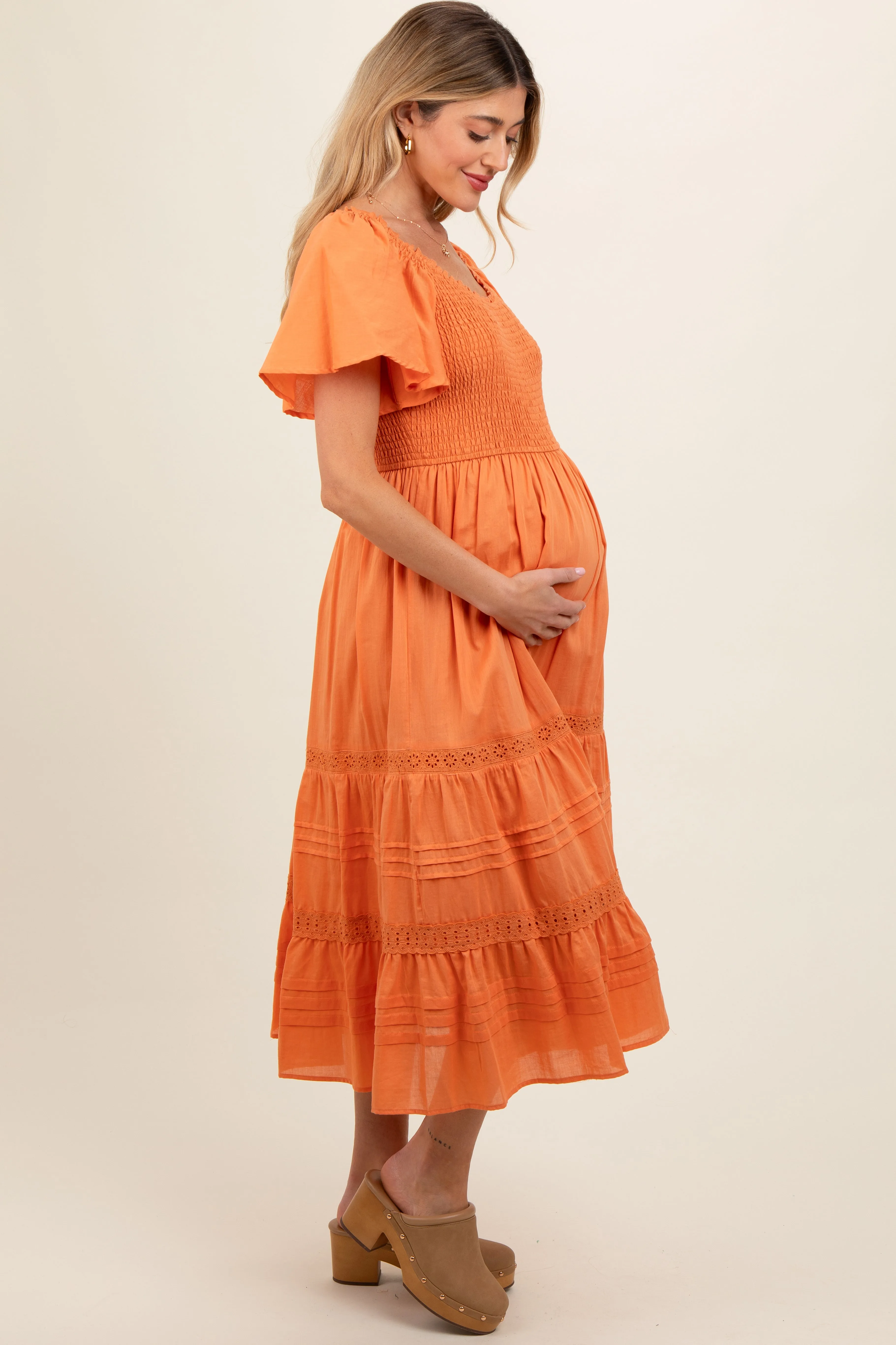 Orange Smocked Short Sleeve Maternity Midi Dress sold by Pinkblush product image thumbnail 2