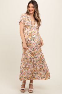 White Floral V-Neck Ruffle Maternity Maxi Dress sold by Pinkblush