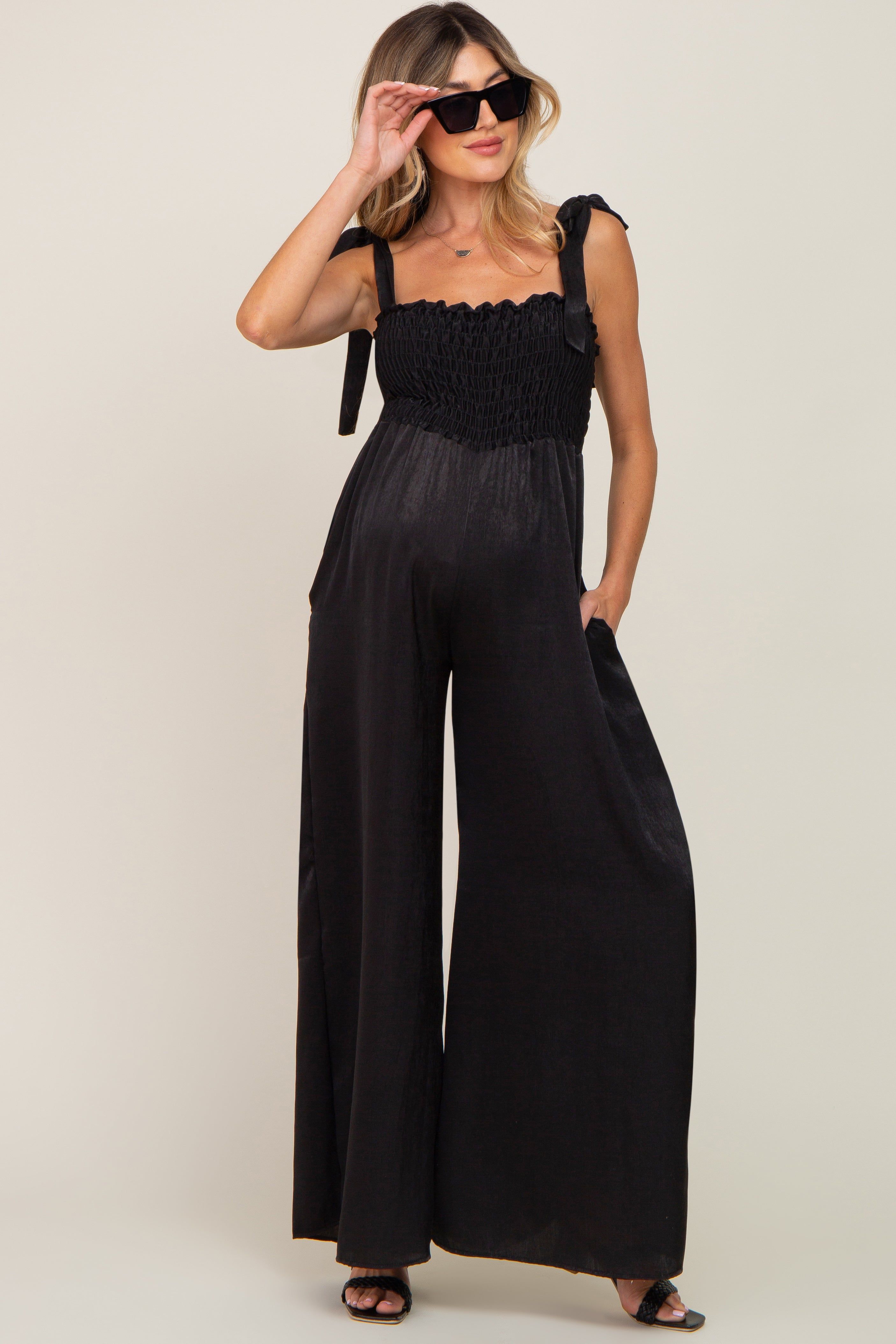 Black Satin Smocked Square Neck Shoulder Tie Maternity Jumpsuit sold by Pinkblush product image thumbnail 5