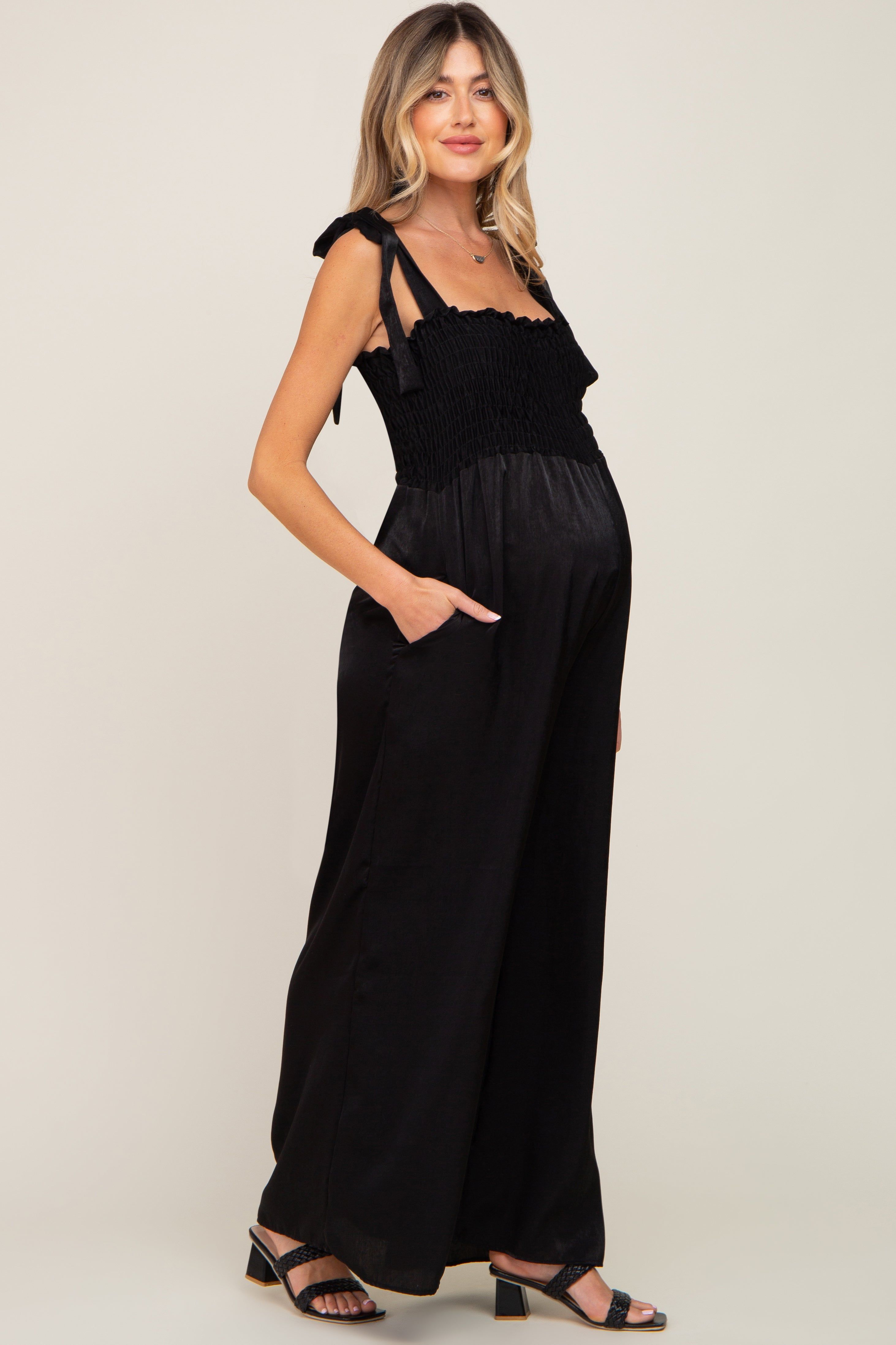 Black Satin Smocked Square Neck Shoulder Tie Maternity Jumpsuit sold by Pinkblush product image thumbnail 2