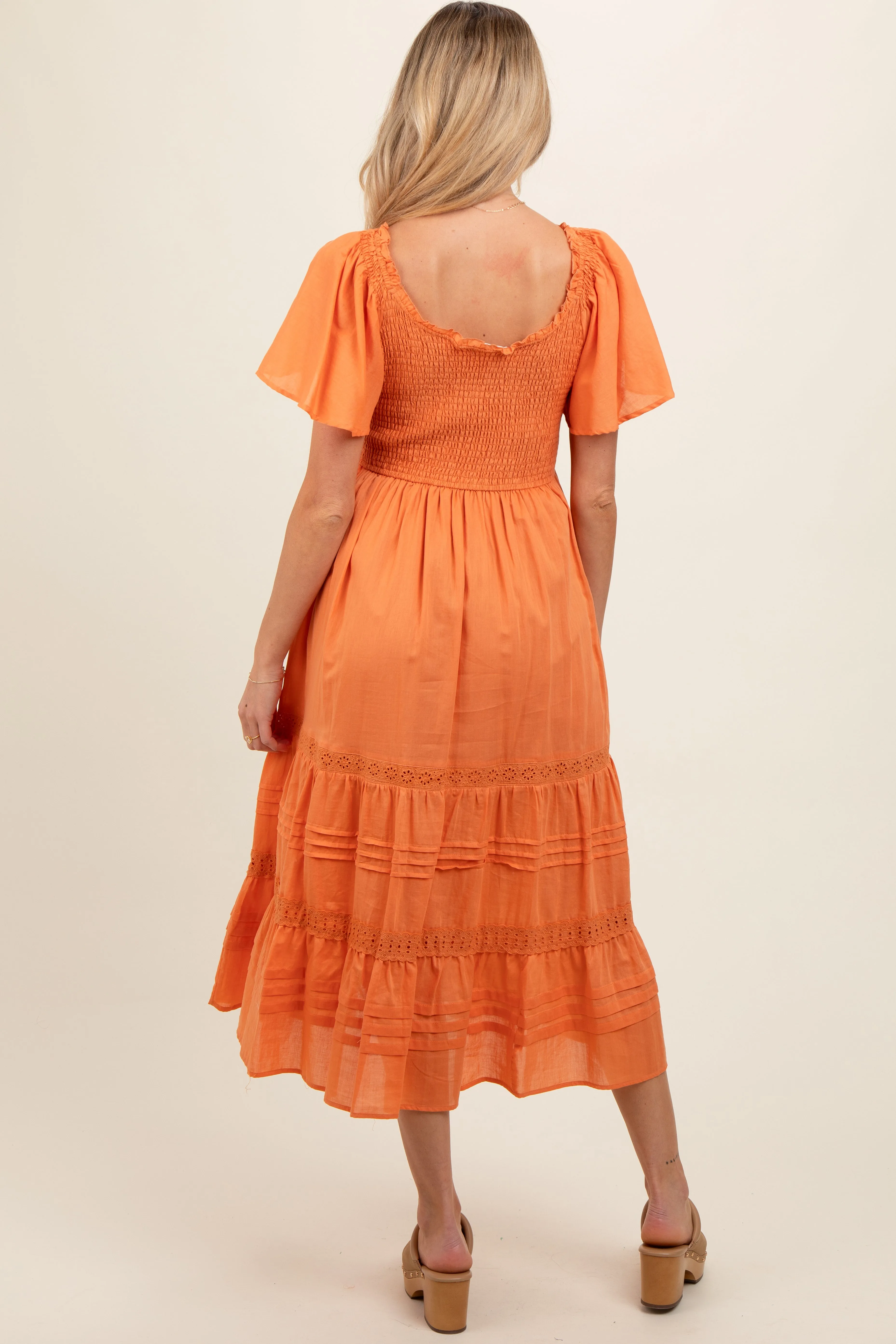 Orange Smocked Short Sleeve Maternity Midi Dress sold by Pinkblush product image thumbnail 3