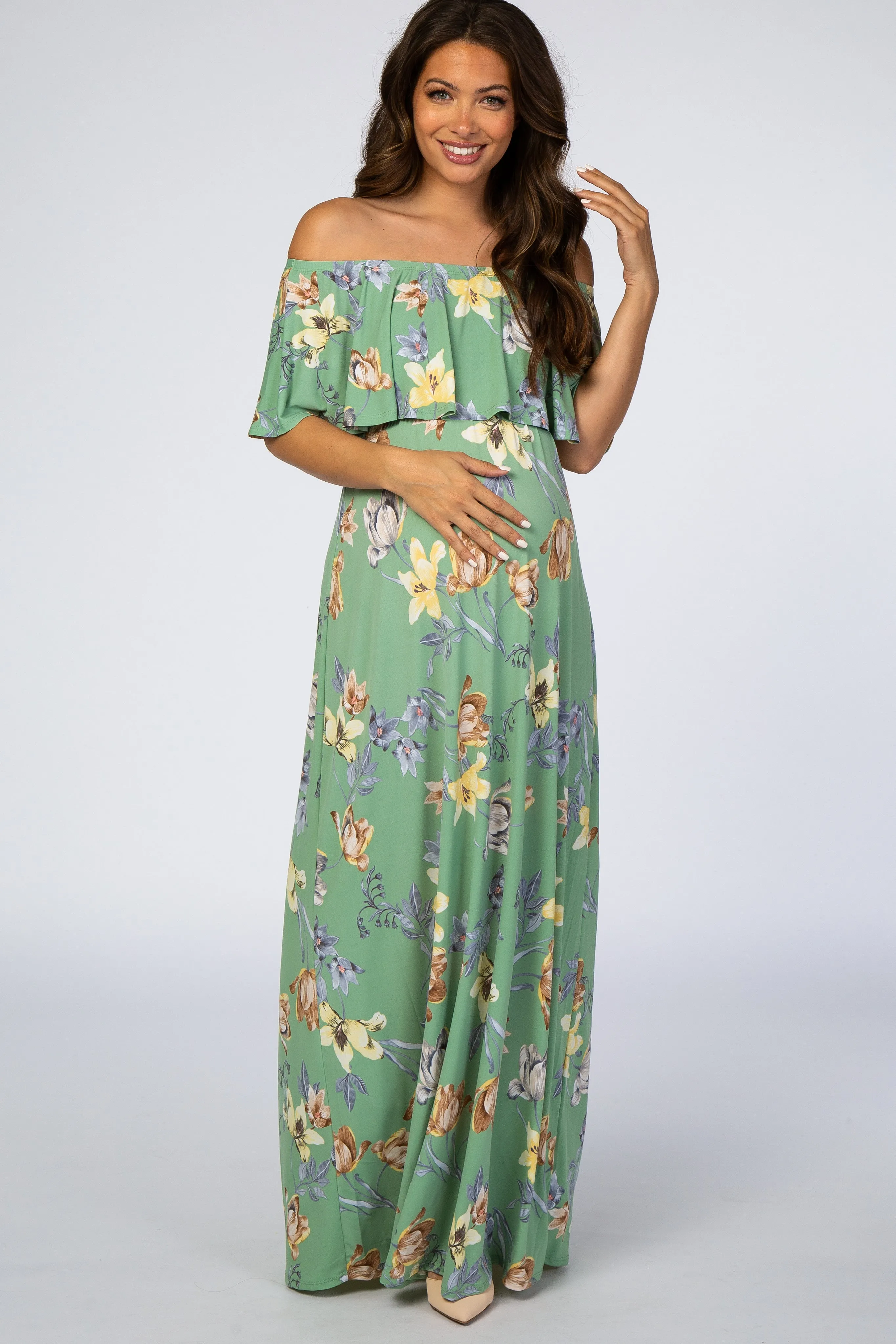 Sage Floral Off Shoulder Maternity Maxi Dress sold by Pinkblush