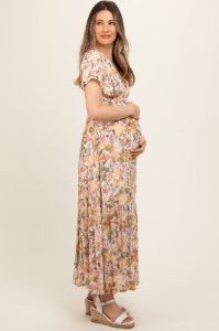 White Floral V-Neck Ruffle Maternity Maxi Dress sold by Pinkblush