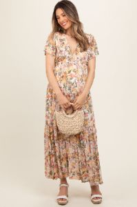 White Floral V-Neck Ruffle Maternity Maxi Dress sold by Pinkblush