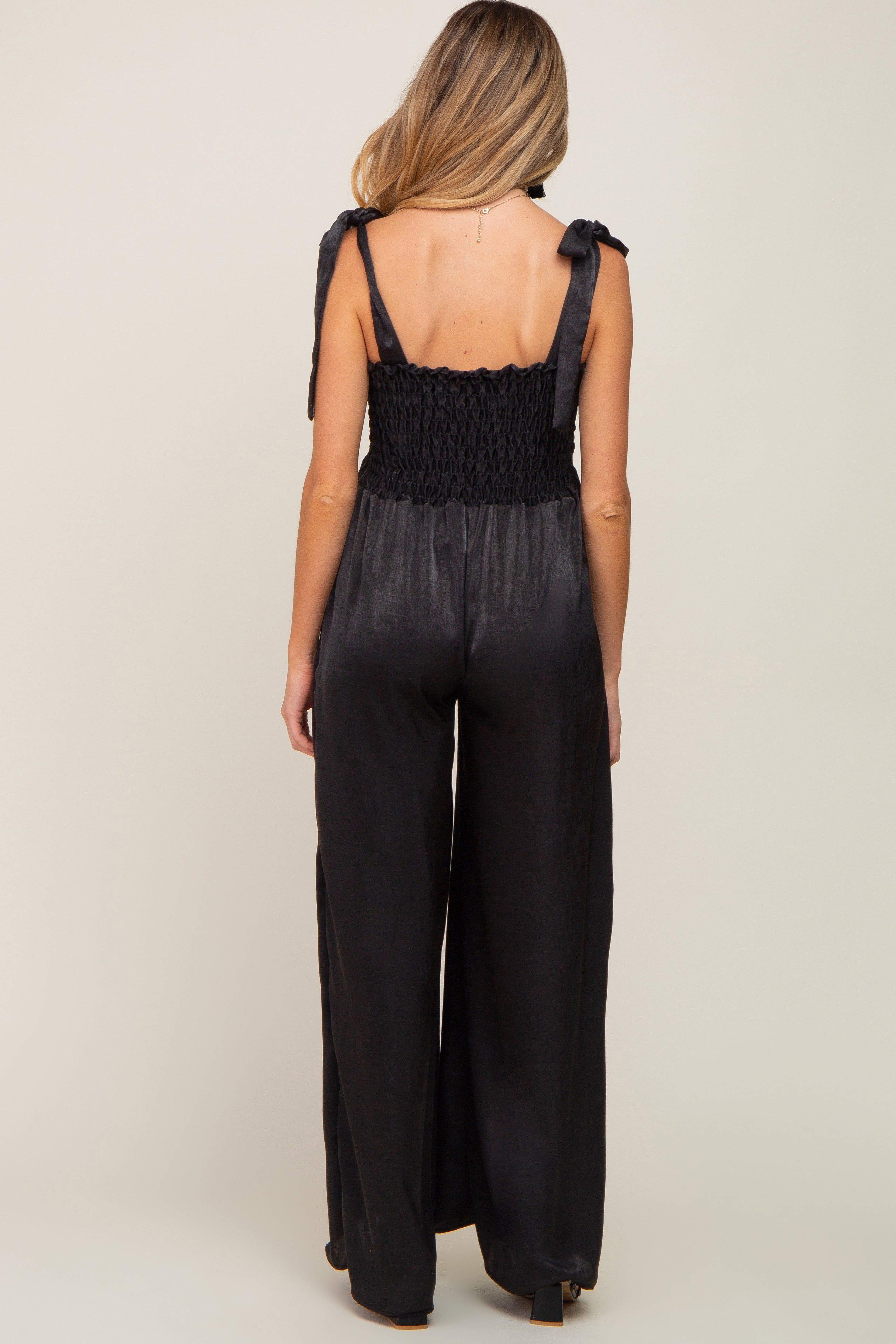 Black Satin Smocked Square Neck Shoulder Tie Maternity Jumpsuit sold by Pinkblush product image thumbnail 3