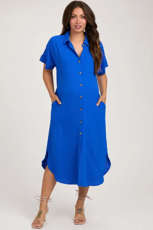 Royal Blue Button Down Front Pocket Maternity Midi Dress sold by Pinkblush